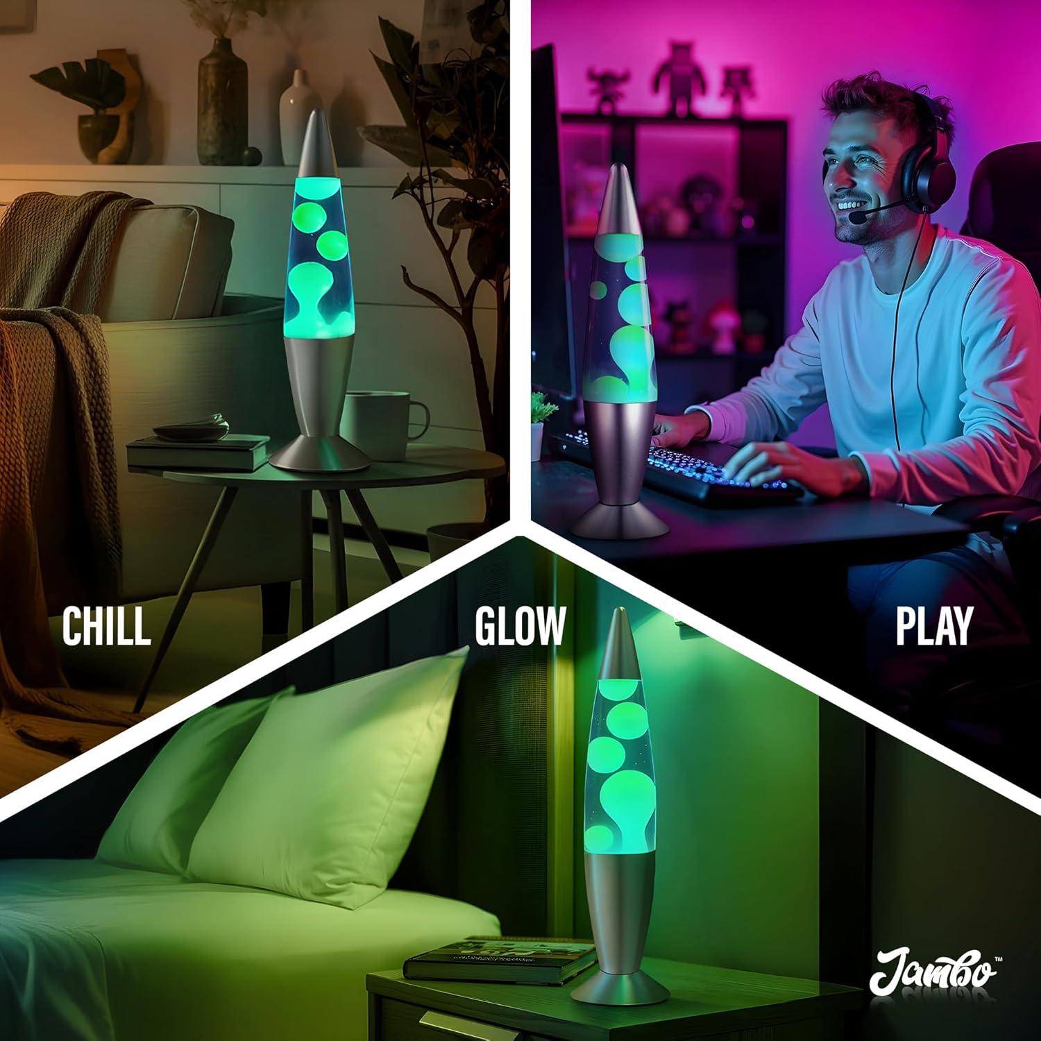 Lámpara Líquida Jambo 16" Azul con Cera Amarilla y Verde