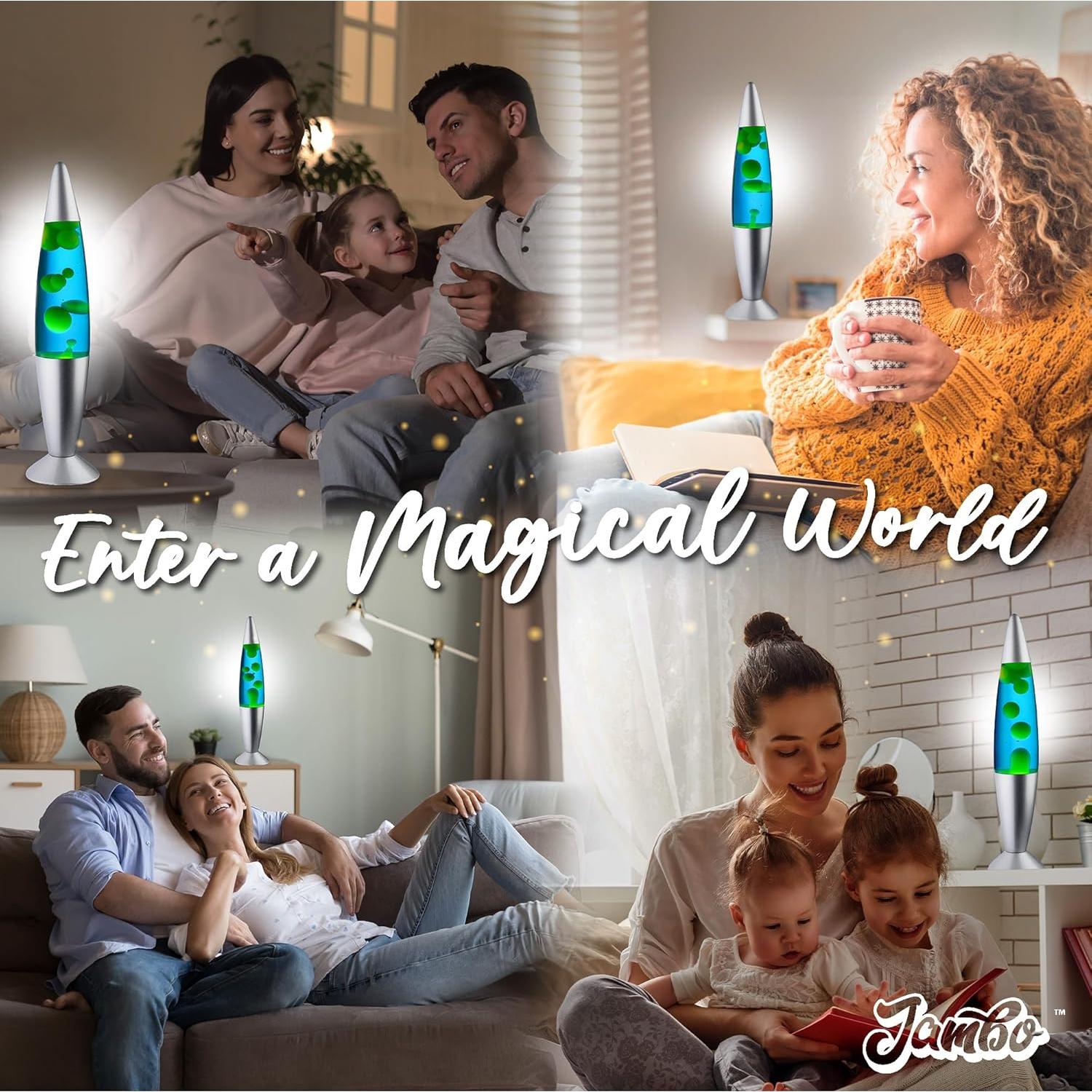 Lámpara Líquida Jambo 16" Azul con Cera Amarilla y Verde