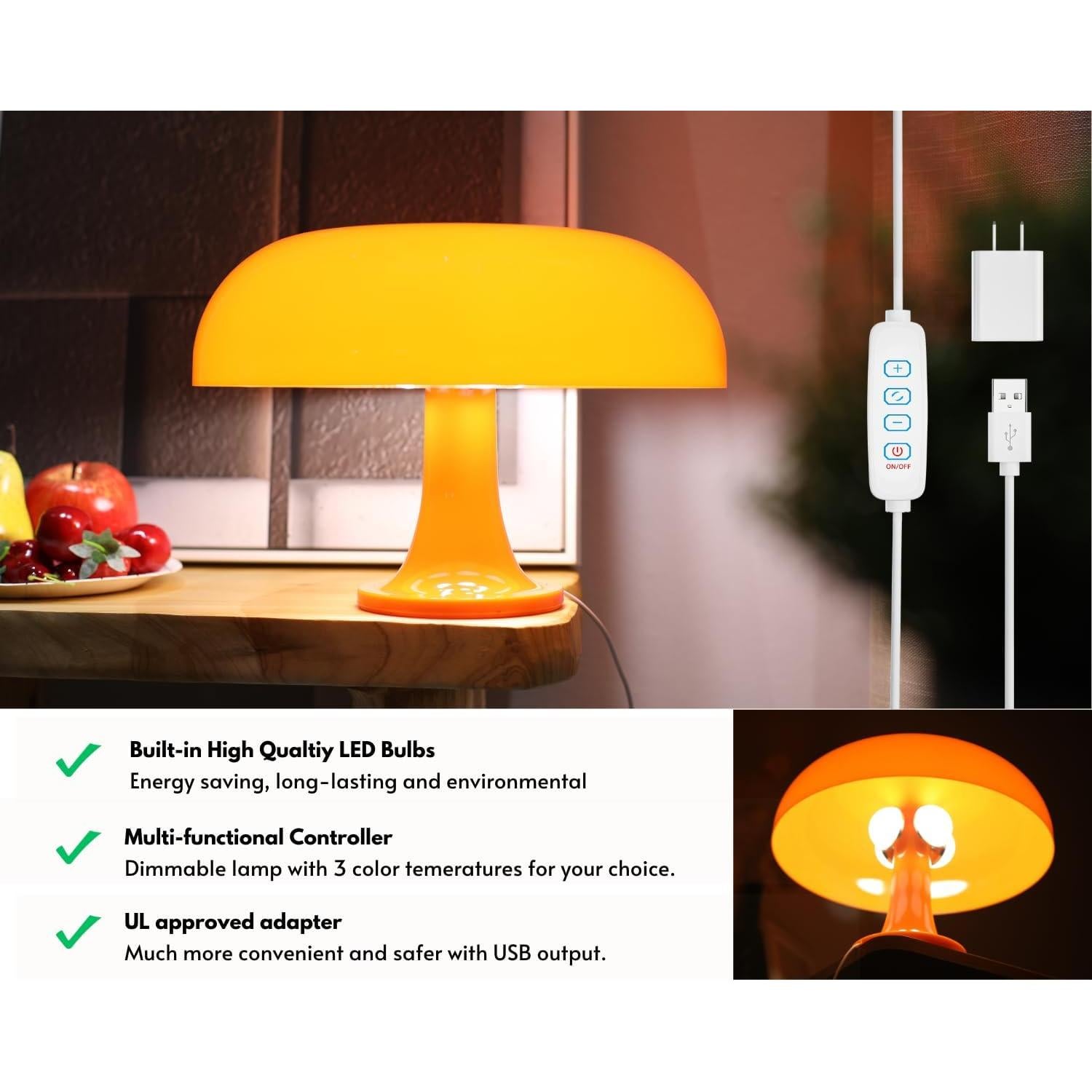 Lámpara de Hongo Naranja UEHICT con 3 Modos de Iluminación