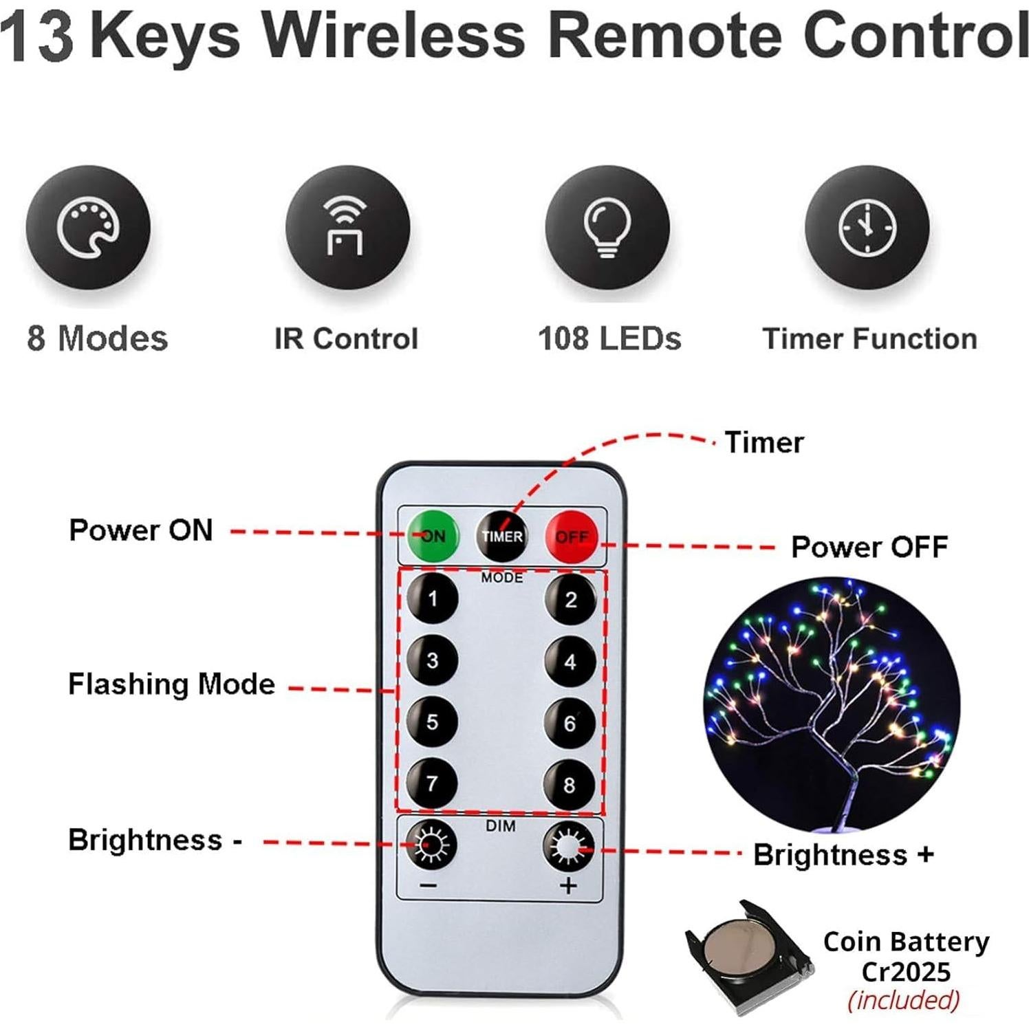 Lámpara de Árbol LED Colorido OURBAOFU 108 luces con Control Remoto