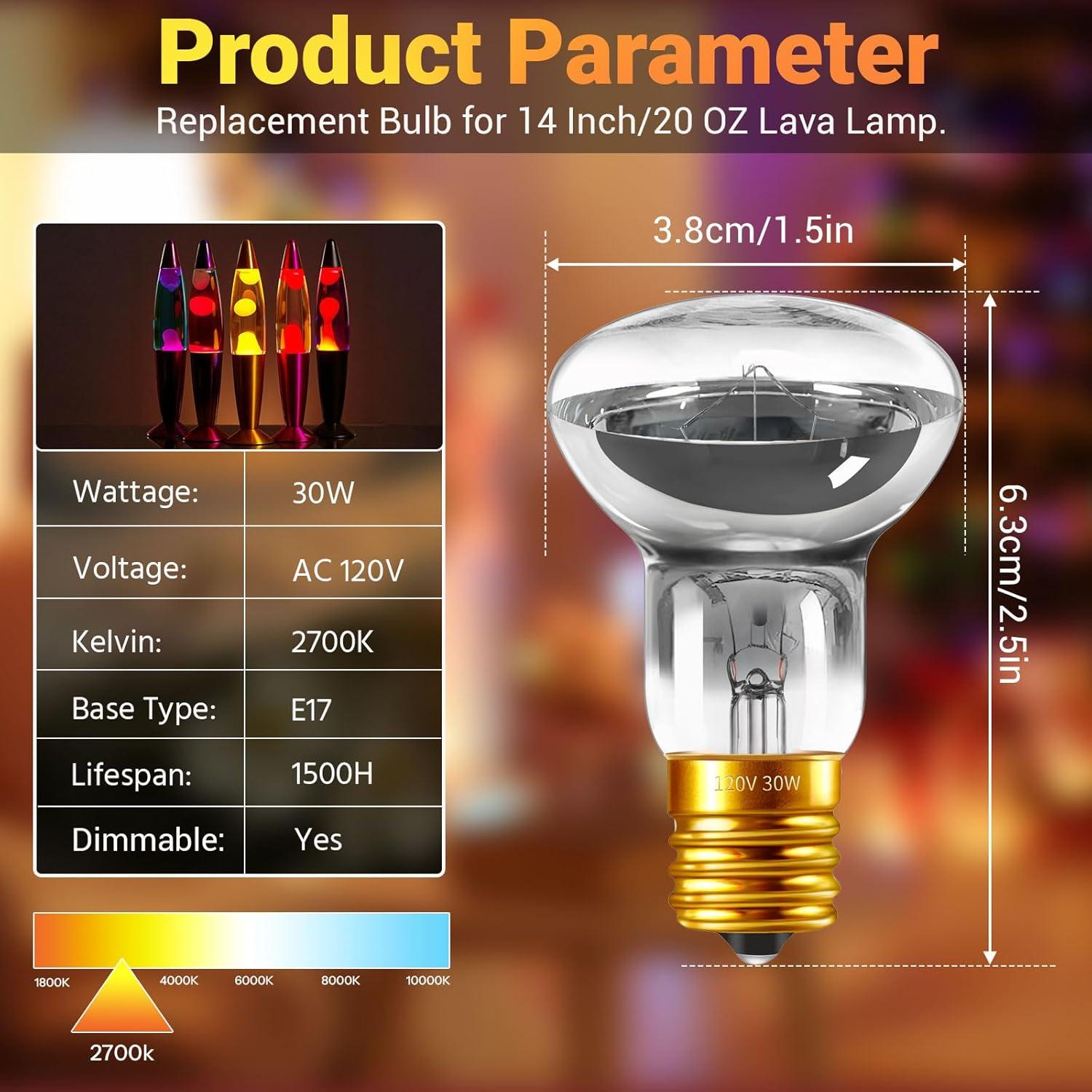 Bombilla de Lava R39 E17 30W Regulable 2700K Blakapoo - Paquete de 2