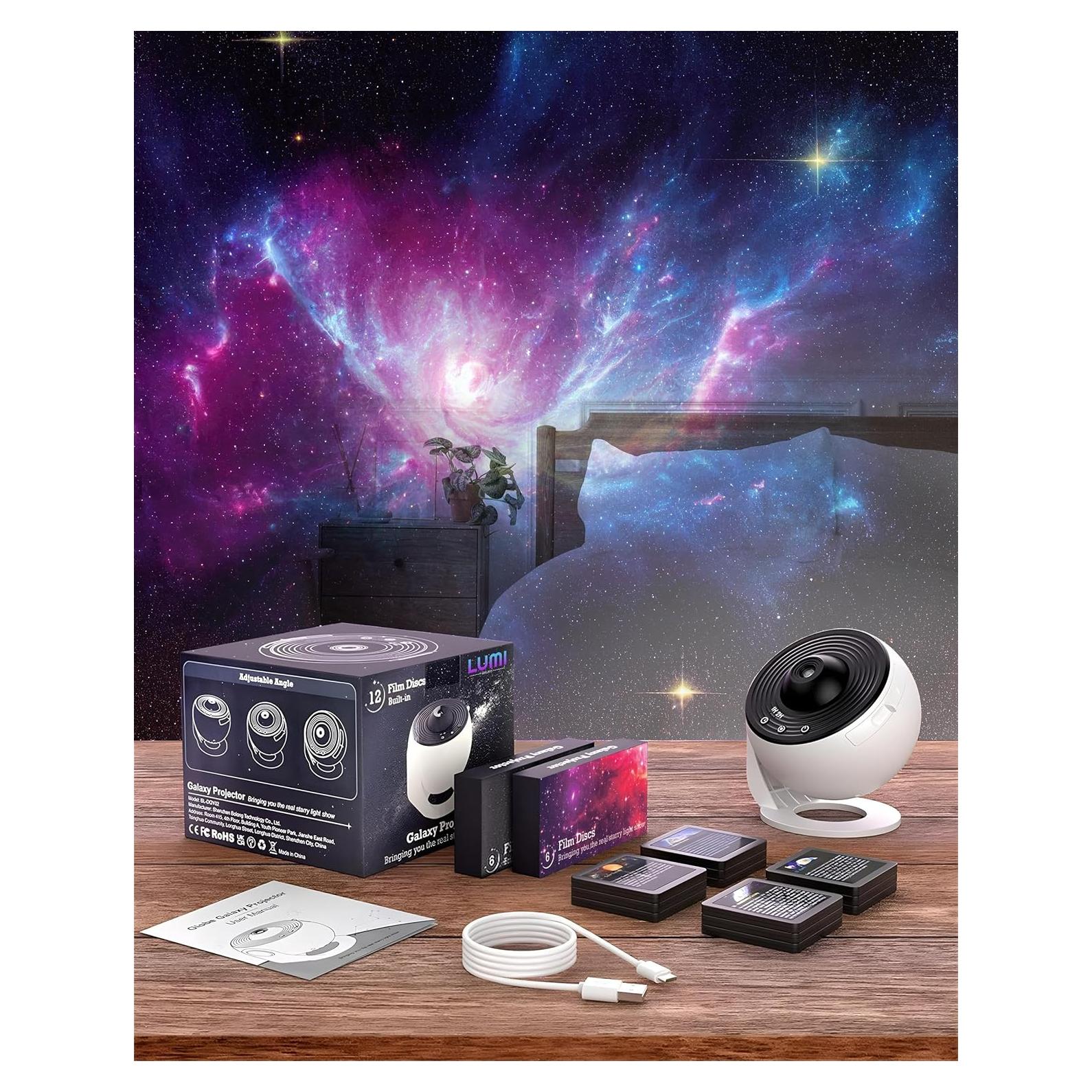 Proyector de Galaxia Lumi con 12 Discos HD y Rotación 360°