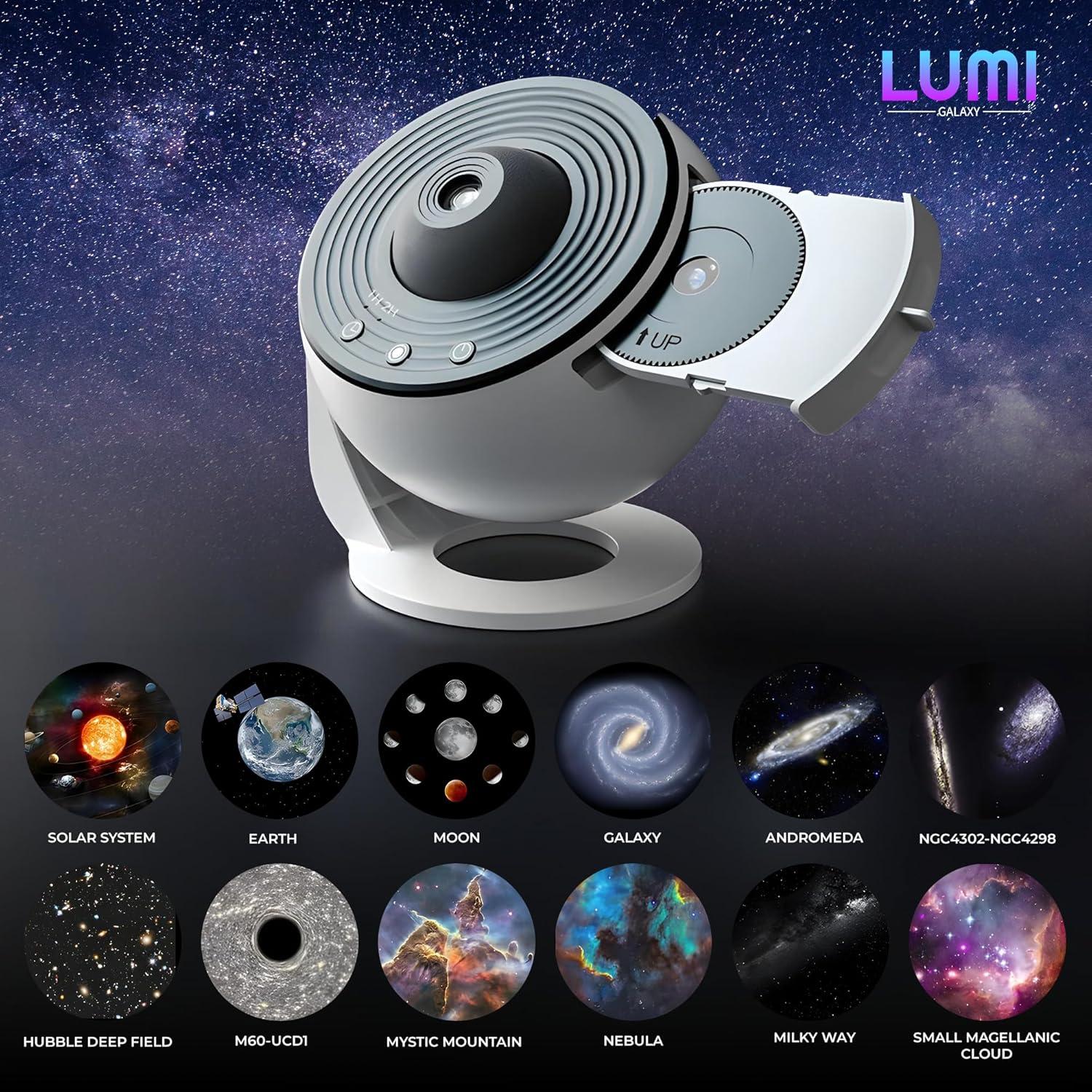 Proyector de Galaxia Lumi con 12 Discos HD y Rotación 360°