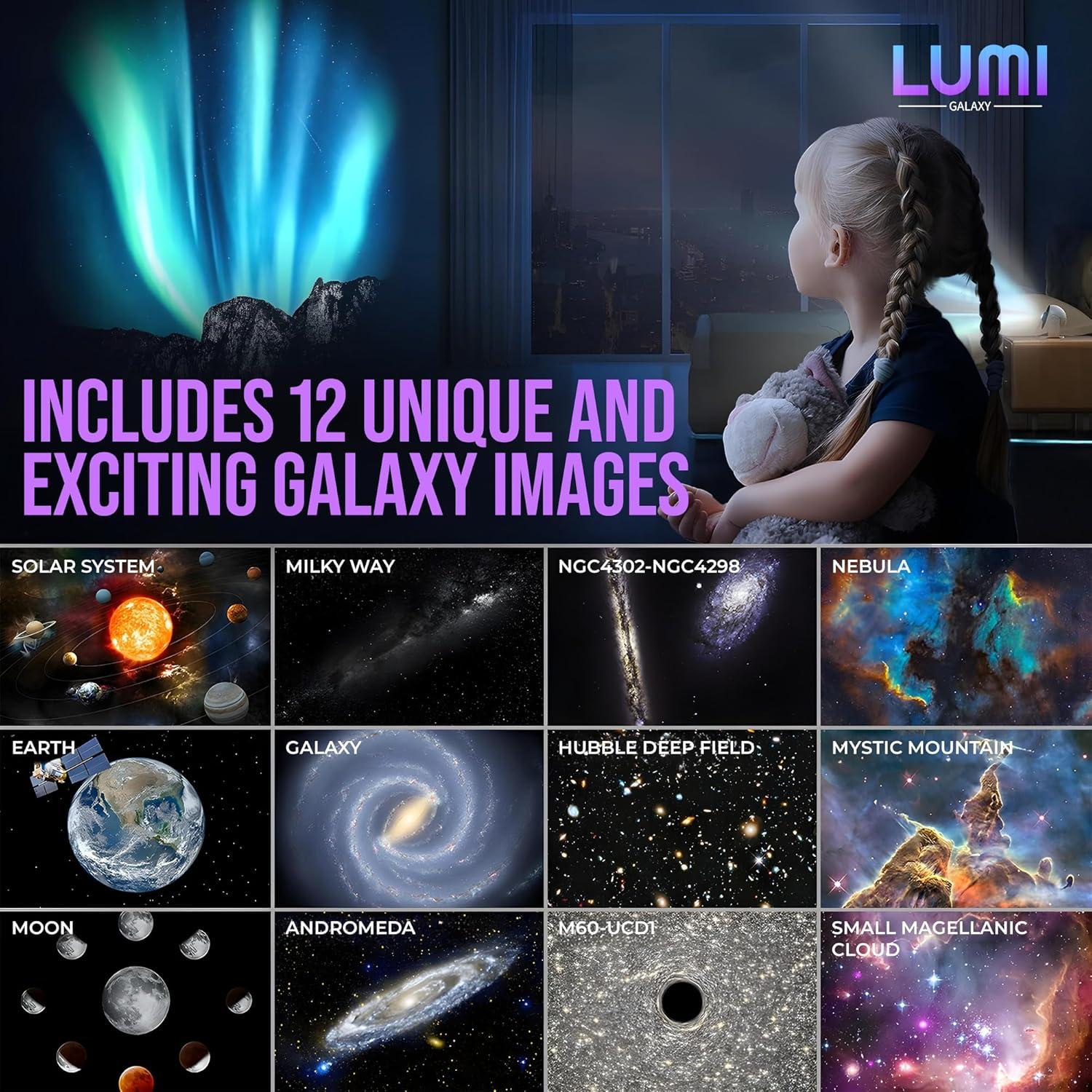 Proyector de Galaxia Lumi con 12 Discos HD y Rotación 360°