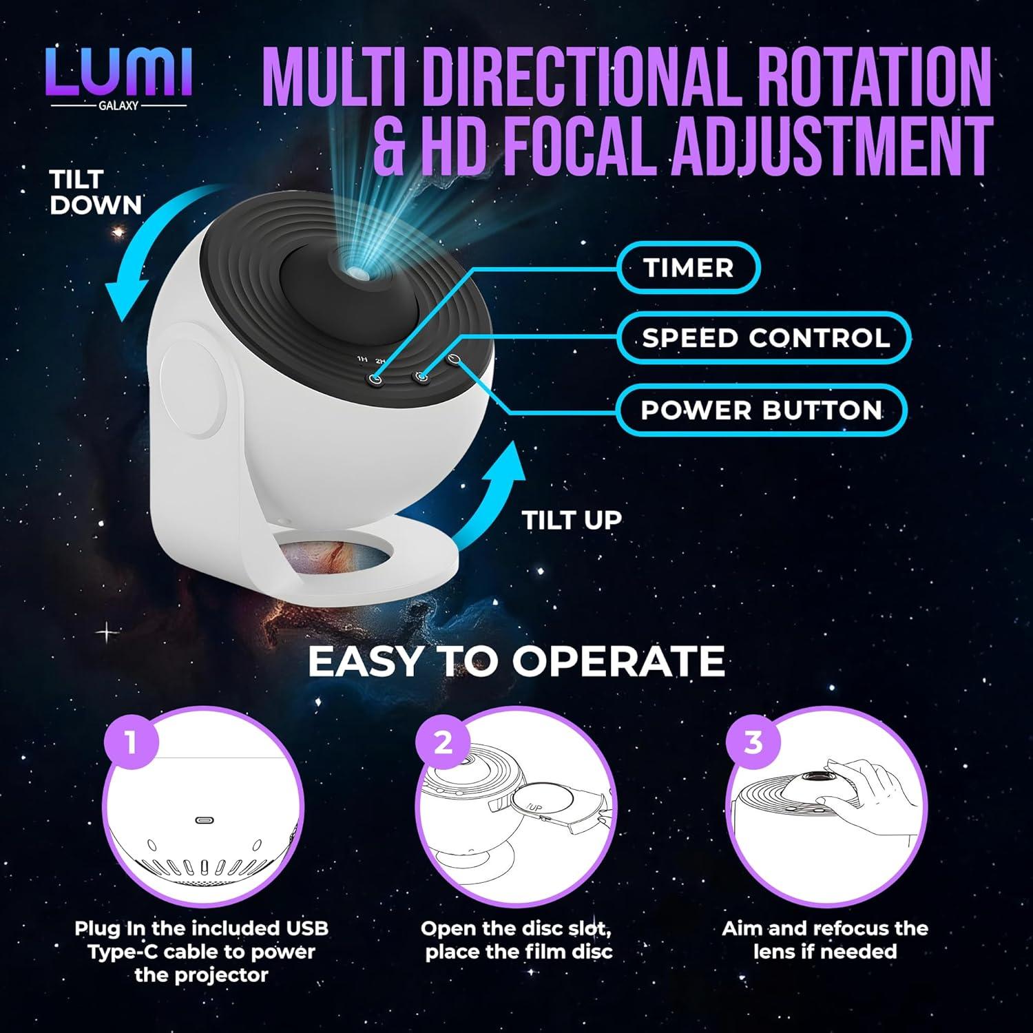 Proyector de Galaxia Lumi con 12 Discos HD y Rotación 360°