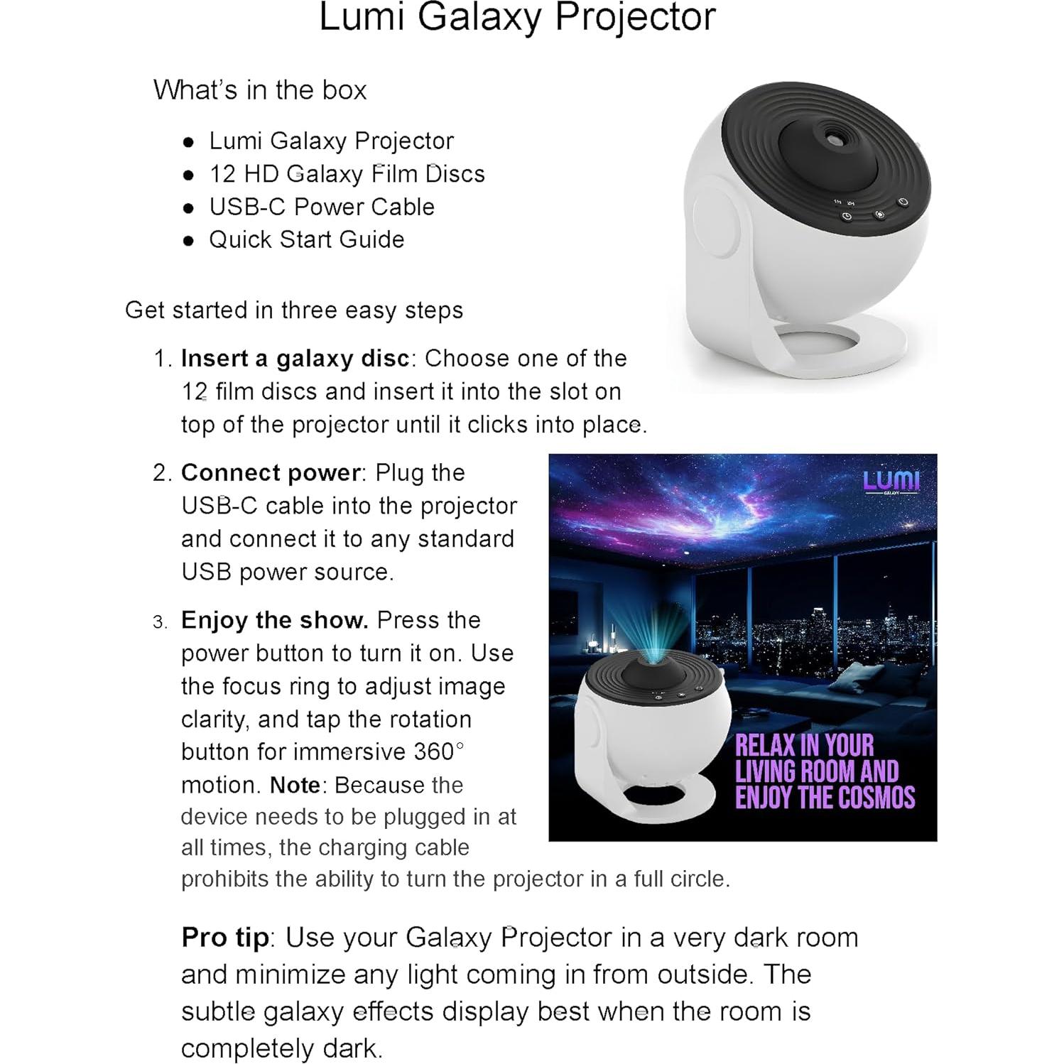 Proyector de Galaxia Lumi con 12 Discos HD y Rotación 360°