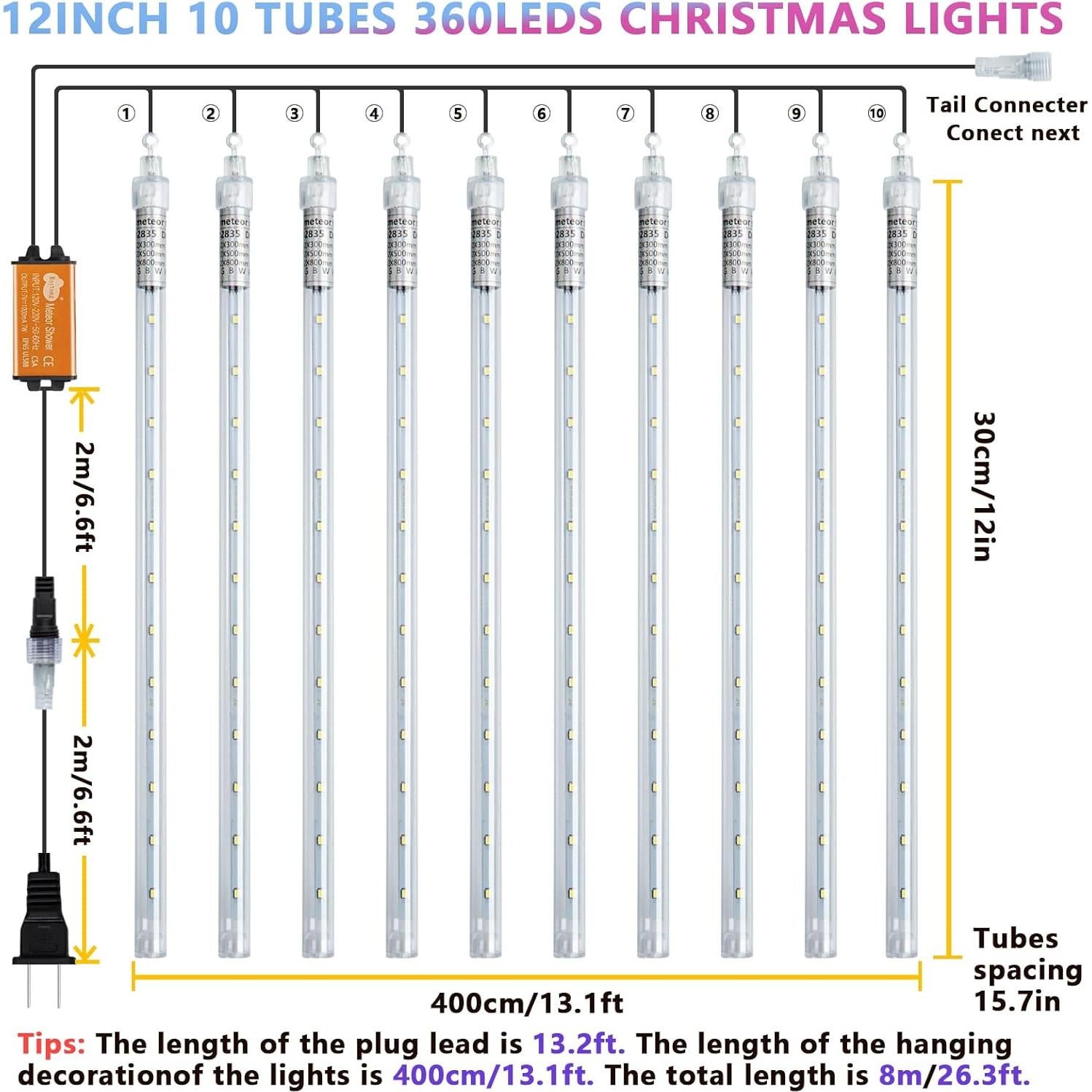 Luces de Lluvia de Meteoros Roytong 10 Tubos 360 LED 30 cm