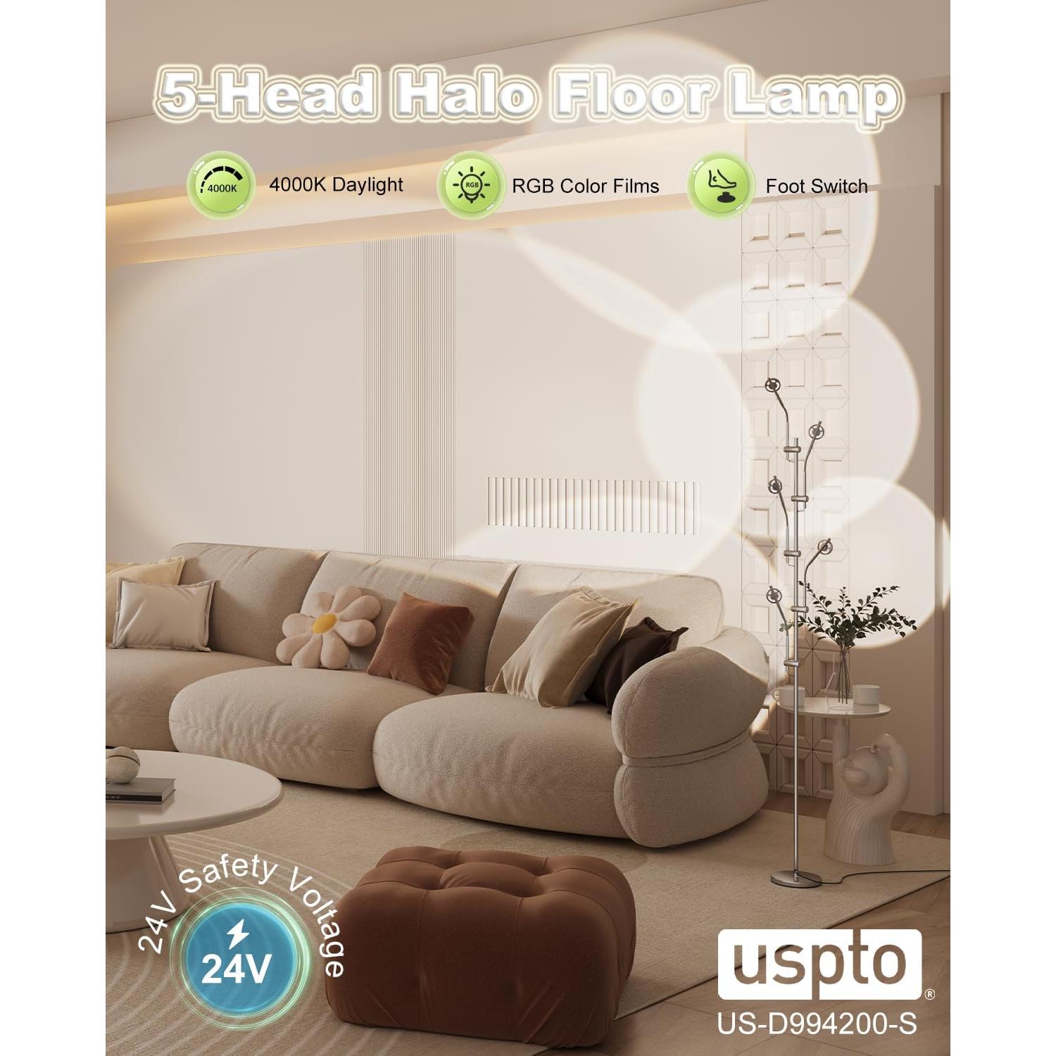 Lámpara de Pie LED TACAHE Halo 185 cm 12W 4000K Cromo