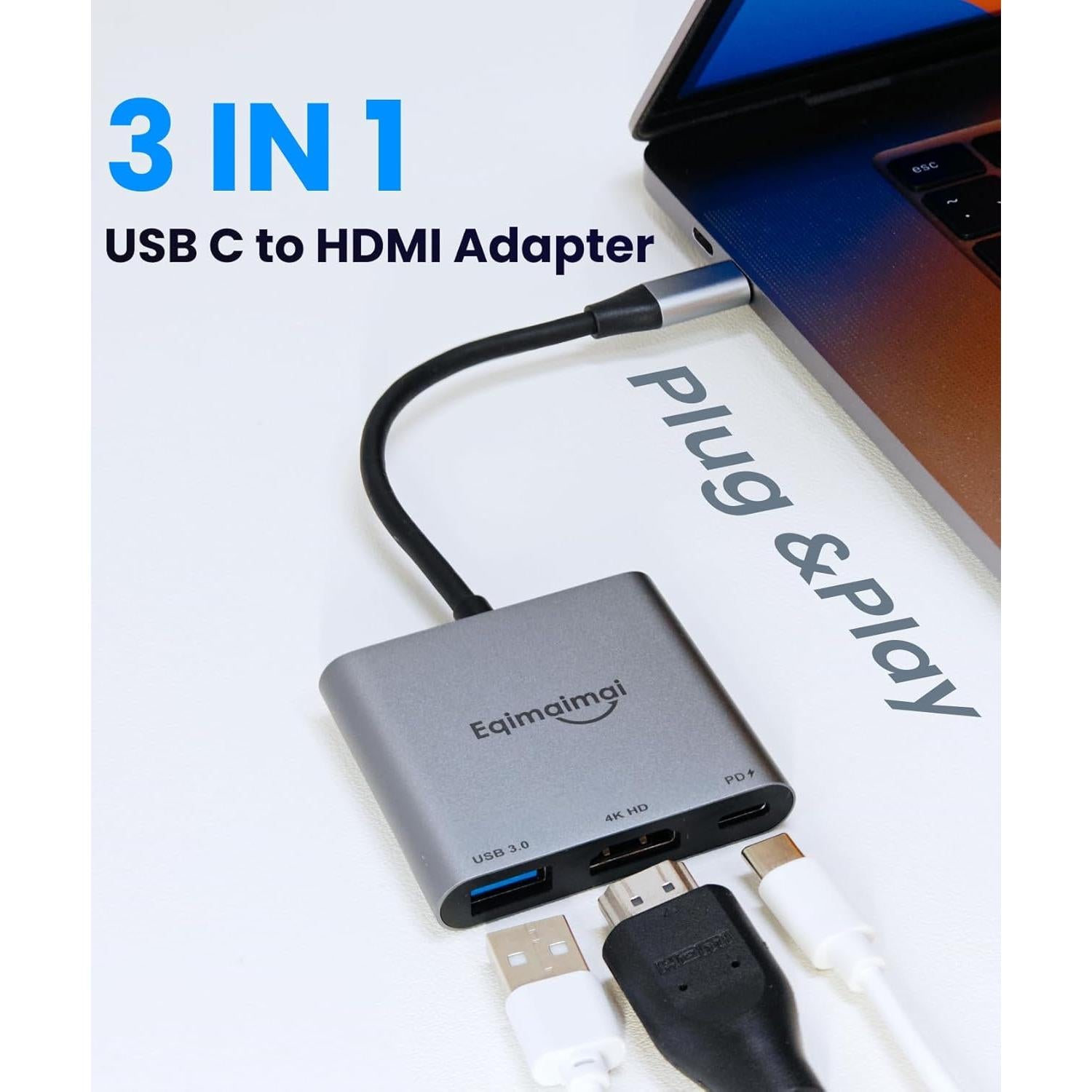 Adaptador HDMI a USB C 4K 60Hz EQIMAIMAI con 100W PD