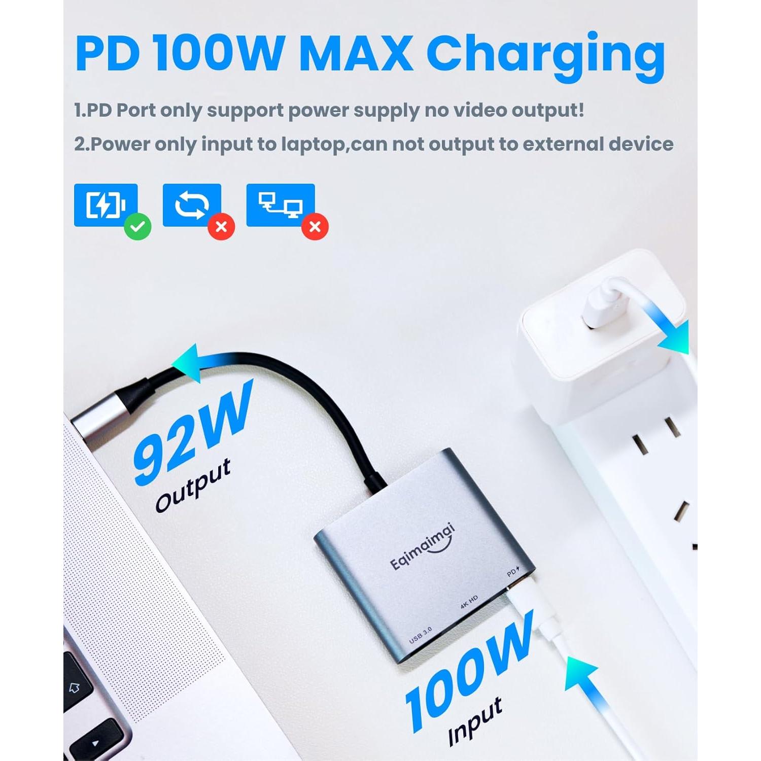 Adaptador HDMI a USB C 4K 60Hz EQIMAIMAI con 100W PD