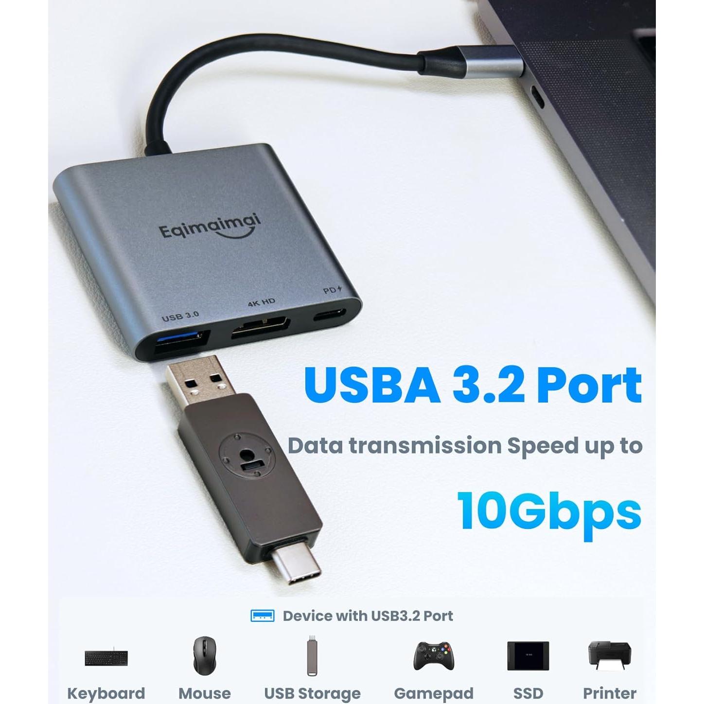 Adaptador HDMI a USB C 4K 60Hz EQIMAIMAI con 100W PD