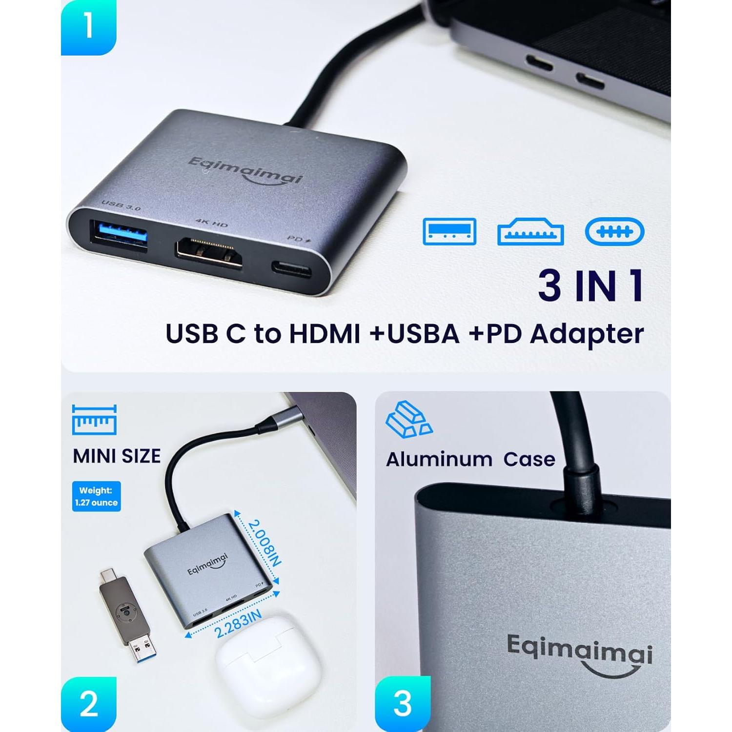 Adaptador HDMI a USB C 4K 60Hz EQIMAIMAI con 100W PD
