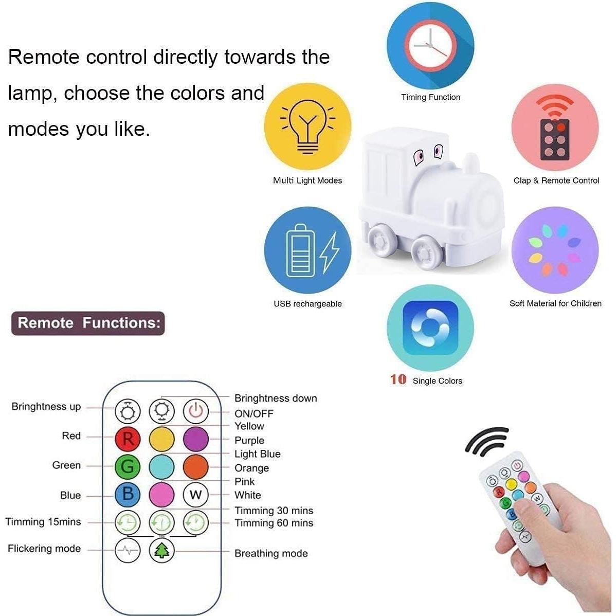 Luz Nocturna Tekemai Tren Recargable USB 9 Colores Ajustable