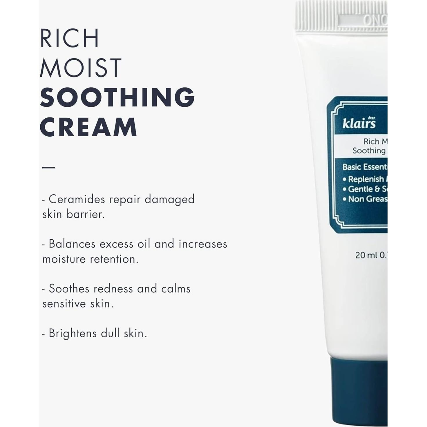 Crema Calmante Rica DearKlairs 20ml - Piel Sensible Hipoalergénica