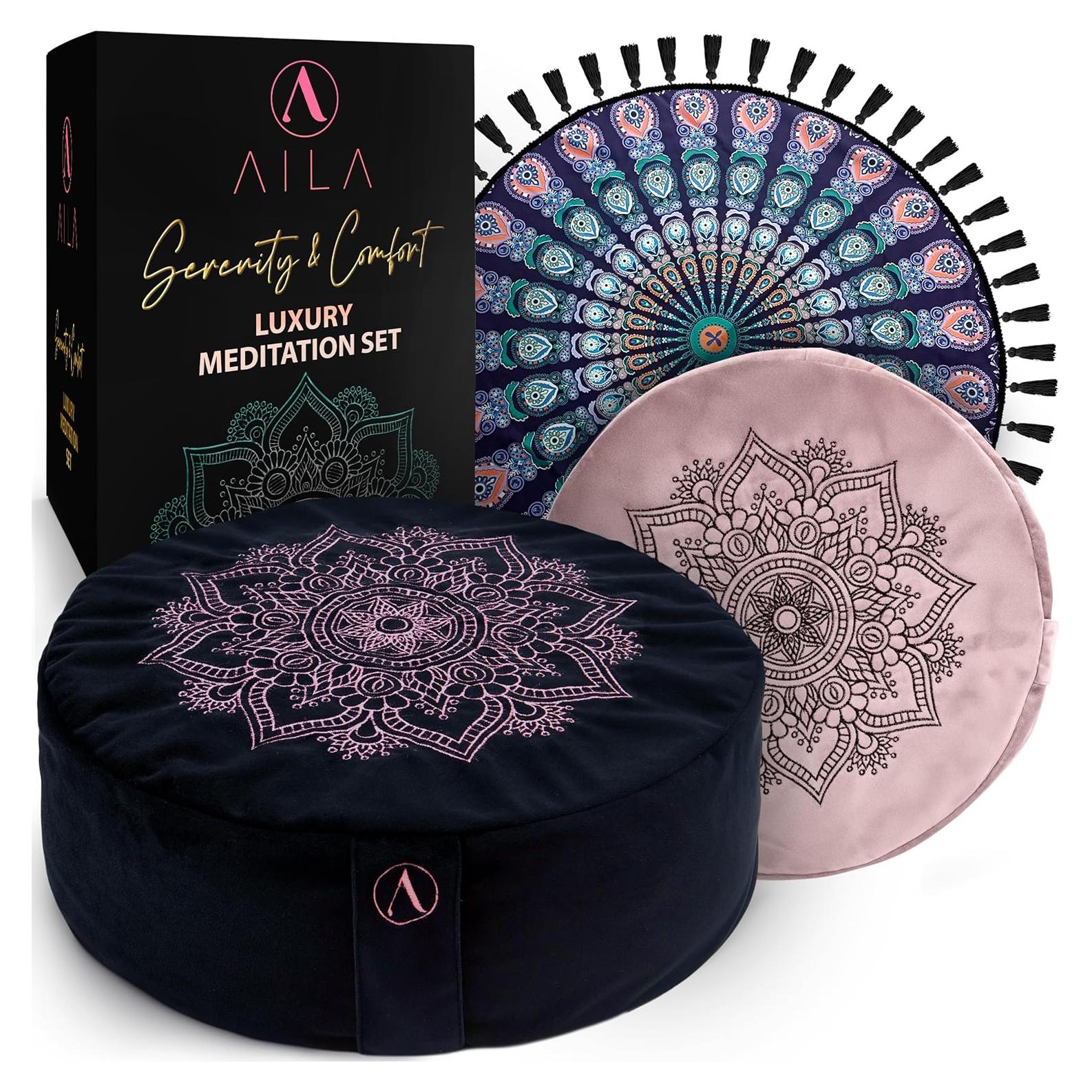 Aila Premium Meditation Cushion – Ergonomic Zafu Pillow with Buckwheat Filling – Includes Extra Washable Cover – Floor Cushion for Comfort & Posture Support – Ideal for Yoga, Mindfulness & Relaxation