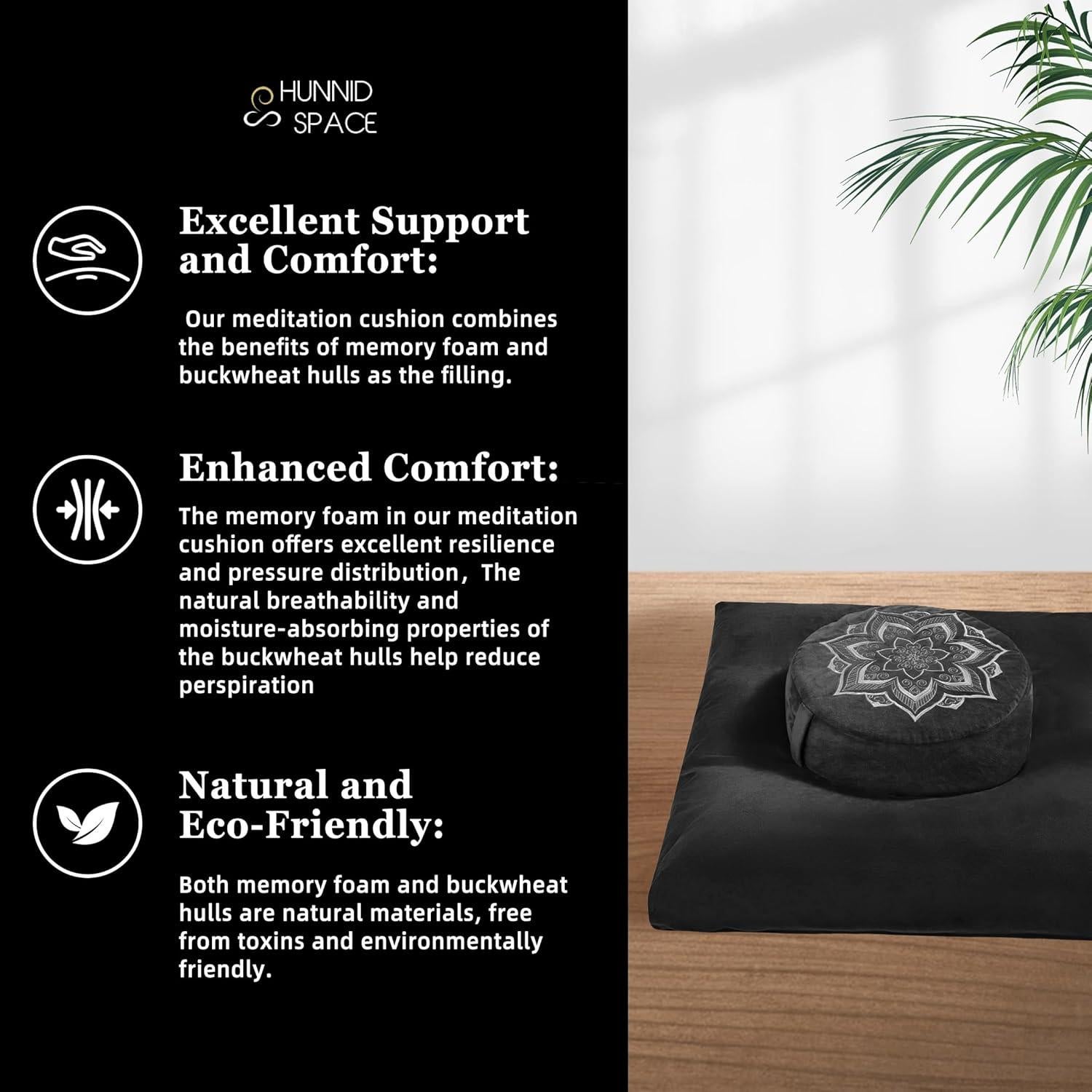 Cojín de Meditación Hunnidspace con Espuma Viscoelástica y Trigo Sarraceno - Soporte Ergonómico para Yoga y Relajación - Funda de Terciopelo Lavable