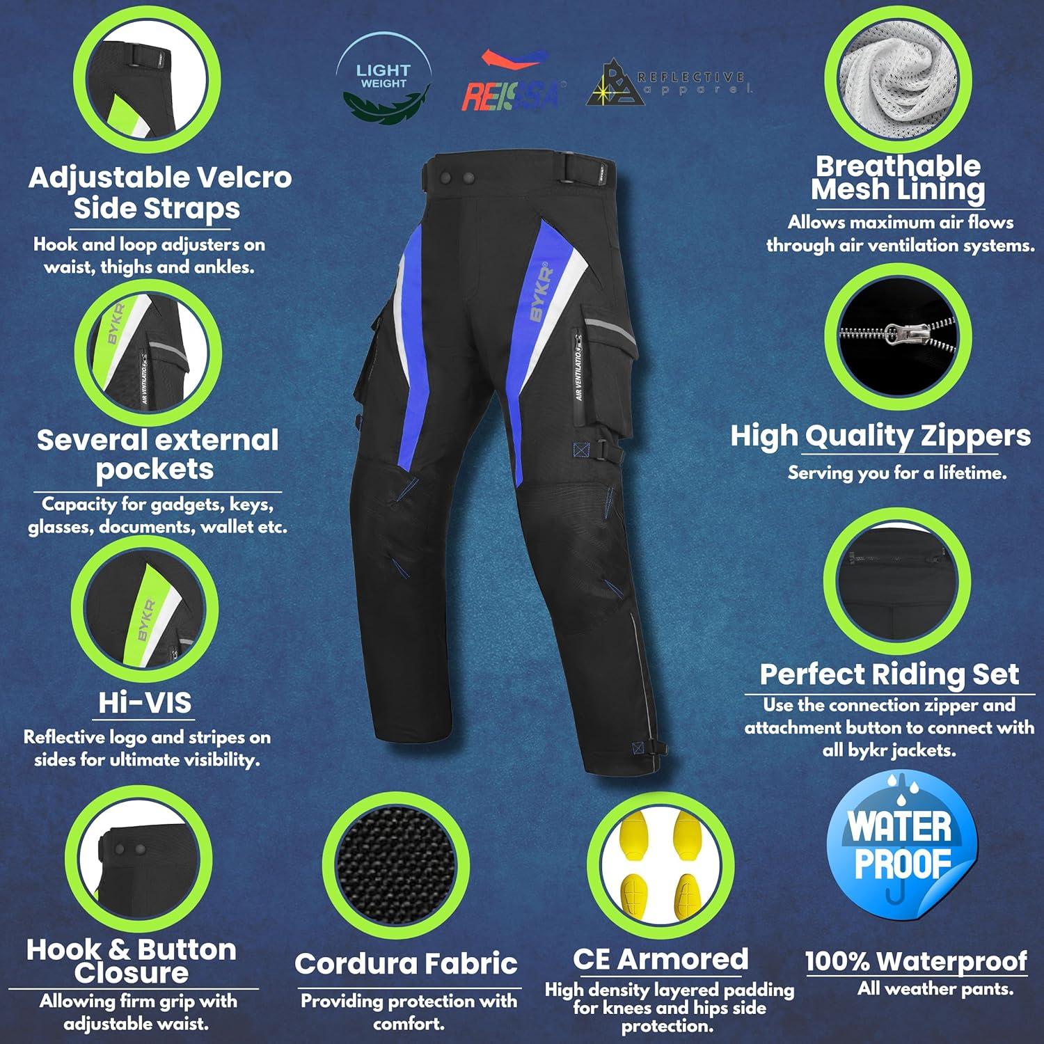 Pantalones de Motocicleta BYKR Unisex 30WX30L Azul Impermeables