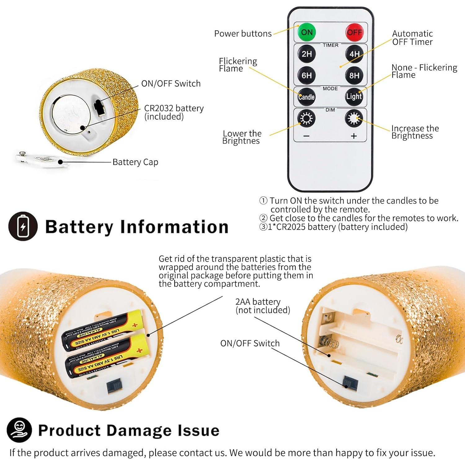 Juego de 8 Velas LED Sin Llama Yinuo Dorado con Control Remoto