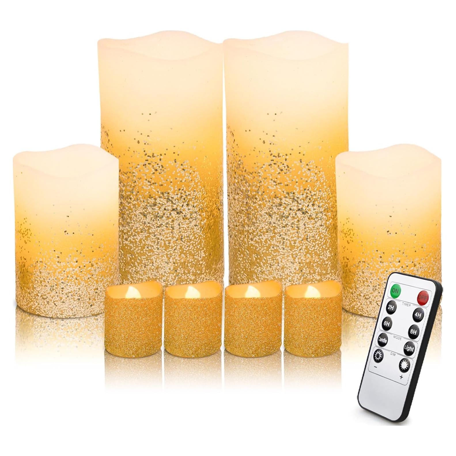 Juego de 8 Velas LED Doradas a Batería con Control Remoto