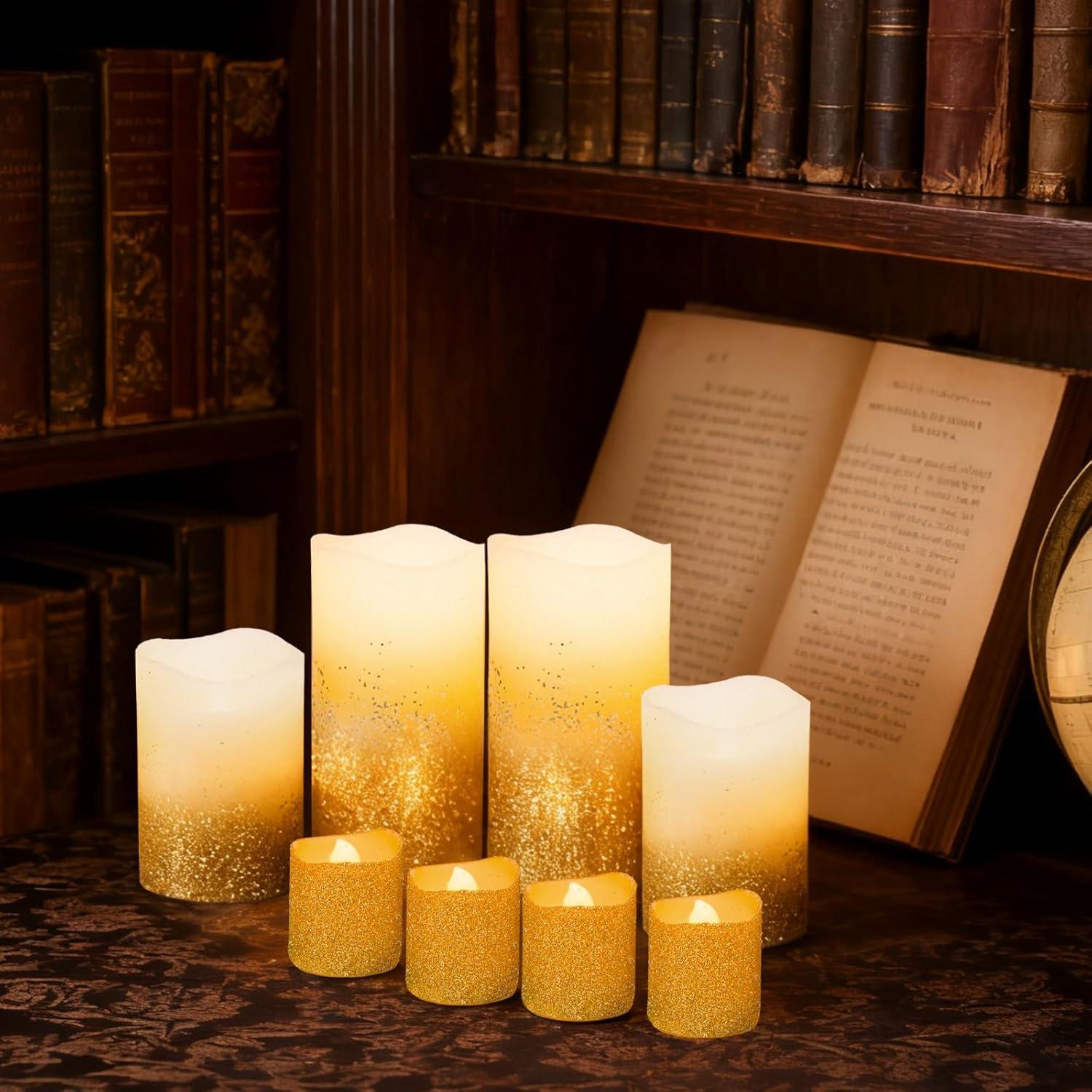 Juego de 8 Velas LED Doradas a Batería con Control Remoto