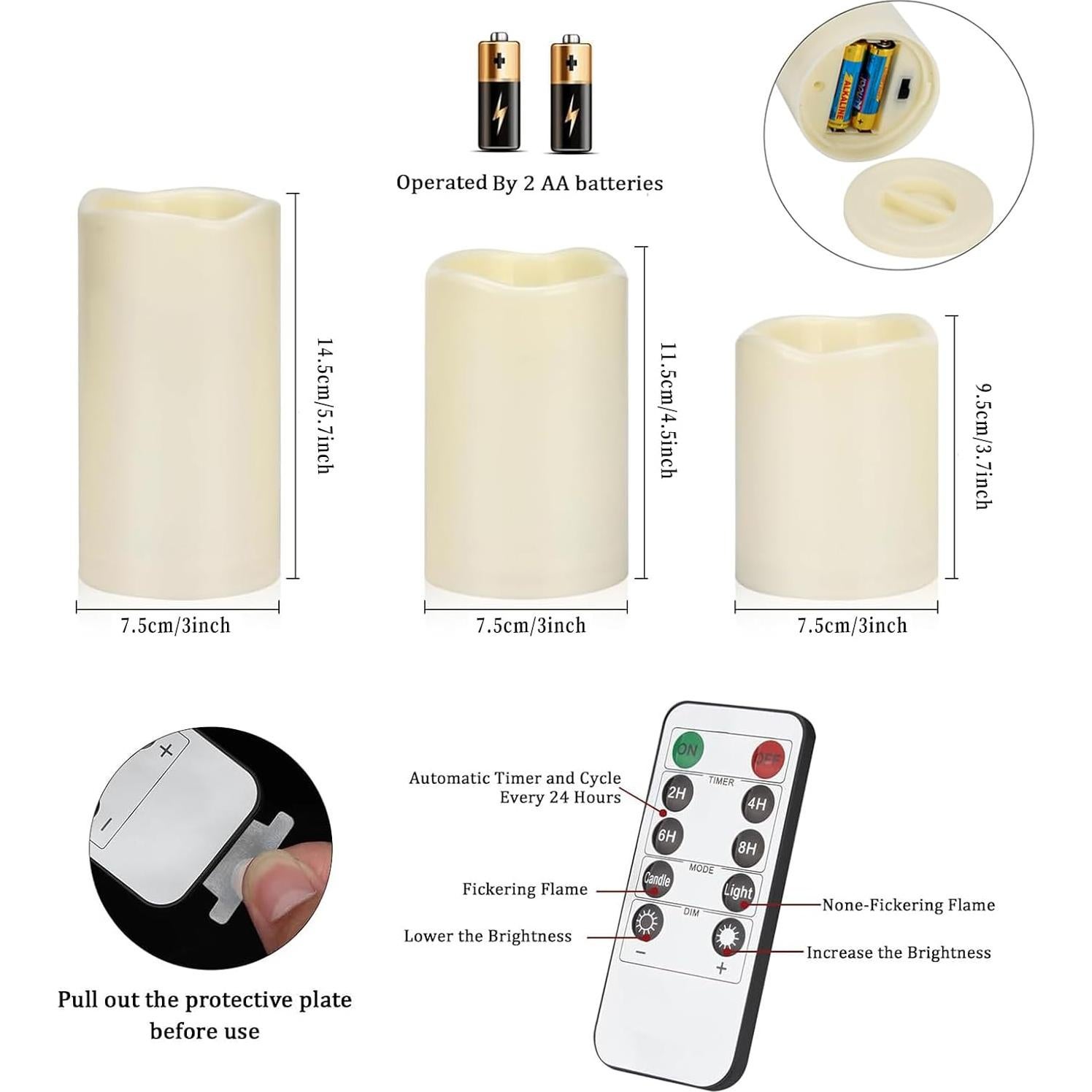 Juego de 3 Velas Sin Llama Artmarry 4" 5" 6" Marfil con Control Remoto