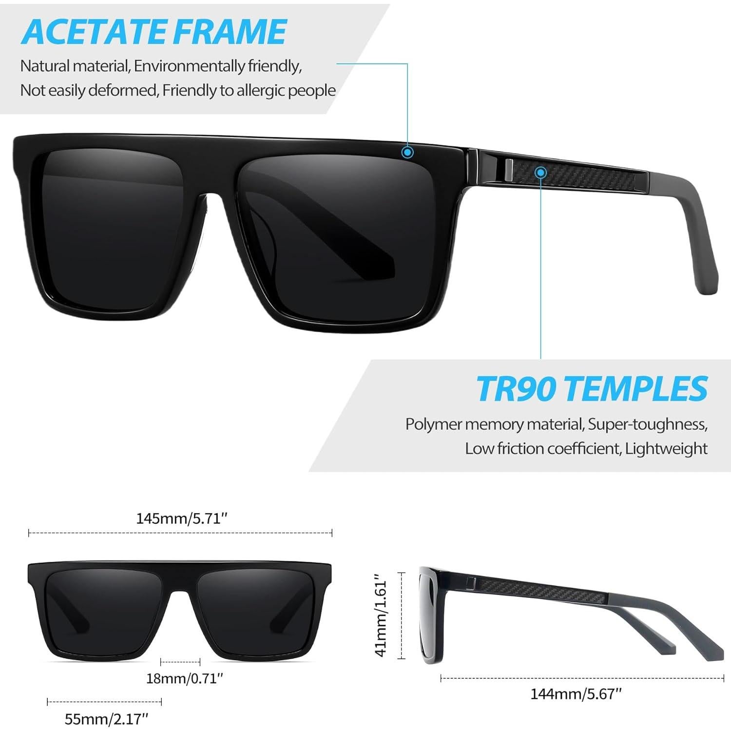 Gafas de sol polarizadas Joopin H9041 UV400 Acetato Negro