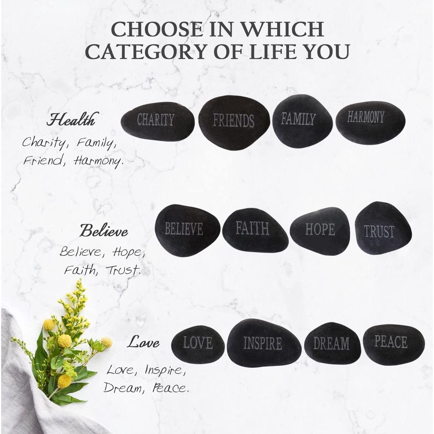 12 Piedras de Río Pulidas con Palabras Inspiradoras - Negro