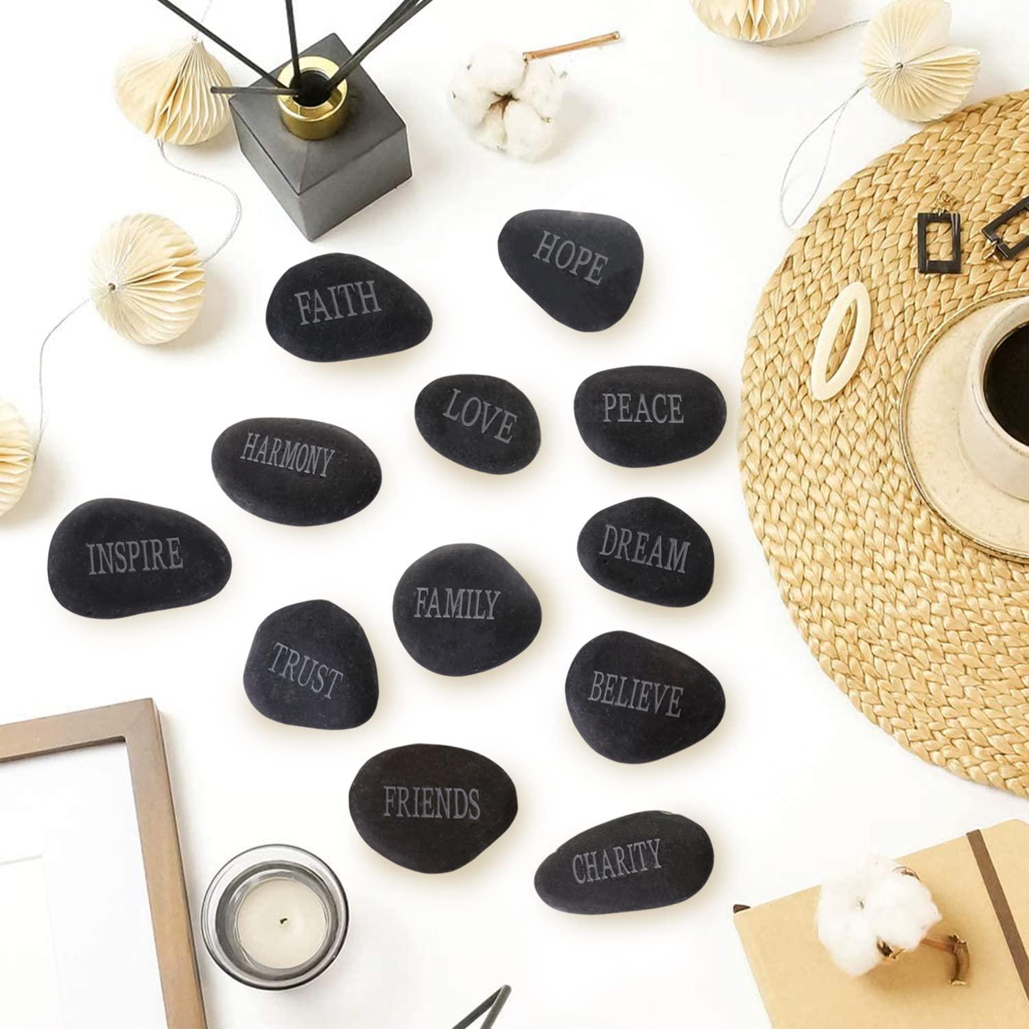 12 Piedras de Río Pulidas con Palabras Inspiradoras - Negro