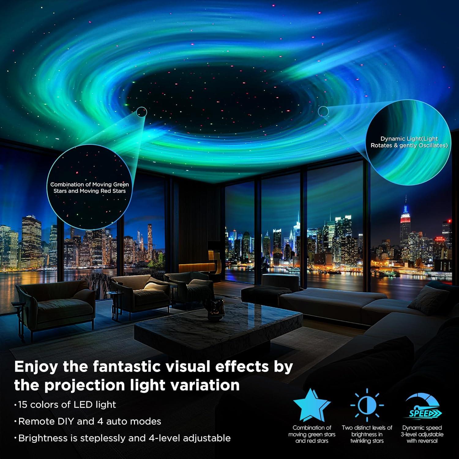 Galaxy Projector, Star Projector with Interstellar Black Hole and Moving Green and Red Stars for Meditation, Relaxation, Room Decor, Party, Gifts, LED Night Light for Bedroom