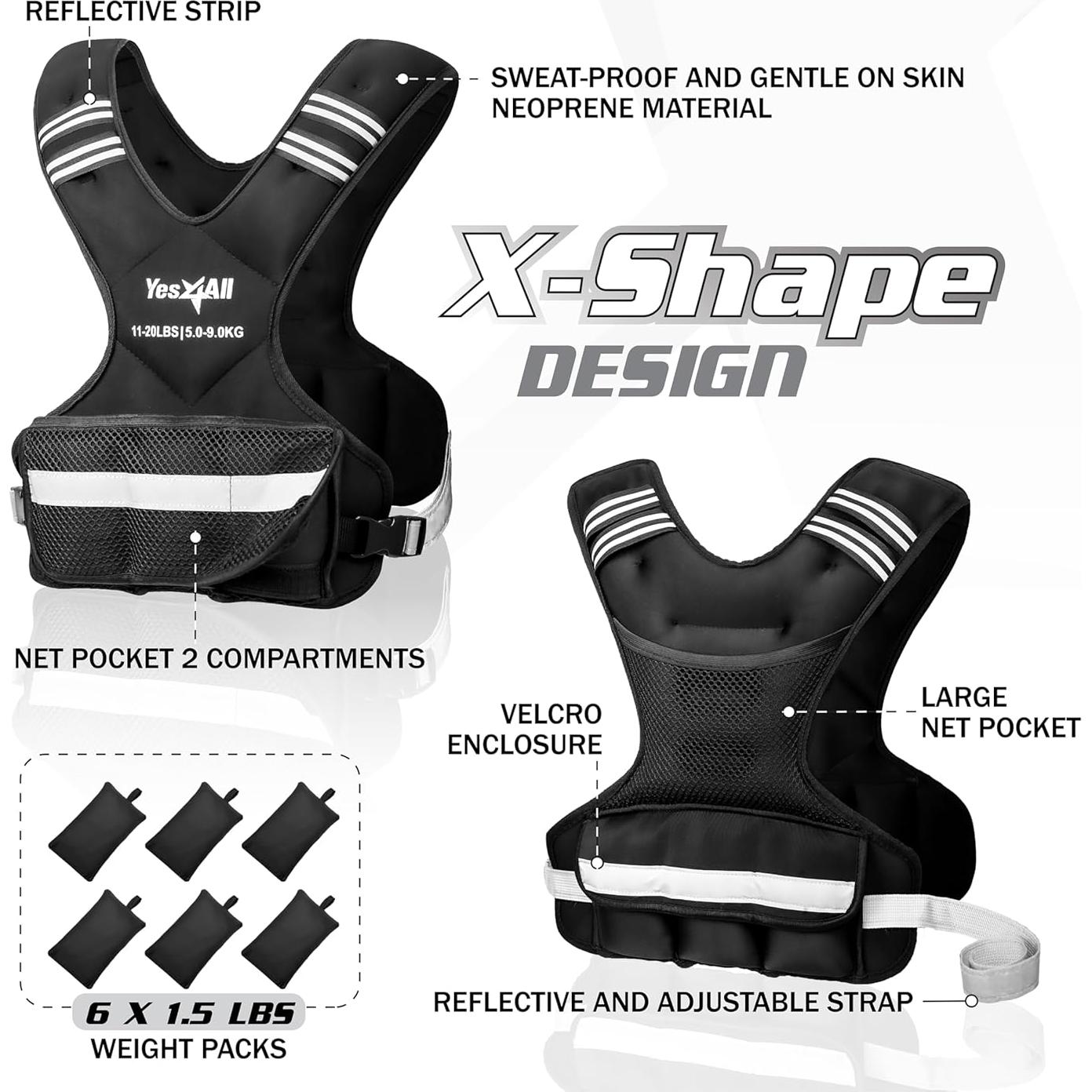Chaleco con Pesas Ajustable Yes4All 5-14.5 kg Negro