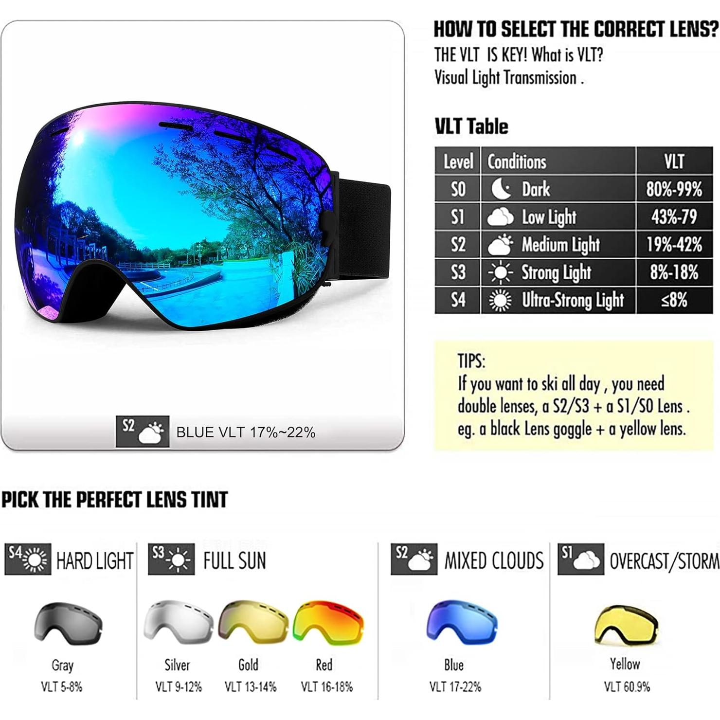 Gafas de Esquí SPOSUNE UV400 Antivaho para Hombres y Mujeres