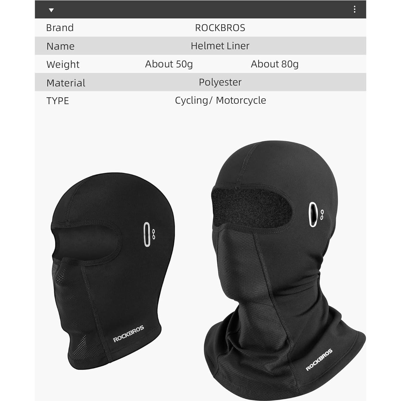 Forro de Casco ROCKBROS Talla Única con Agujeros para Gafas