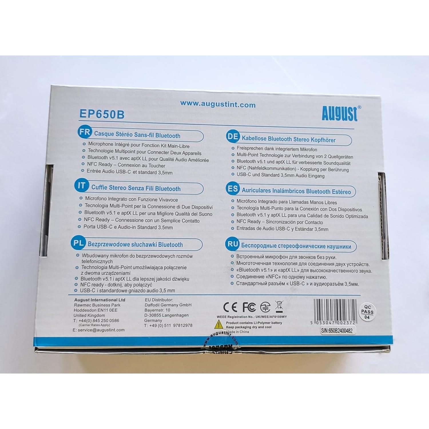 Auriculares Inalámbricos August EP650 - Sonido Graves y Confort