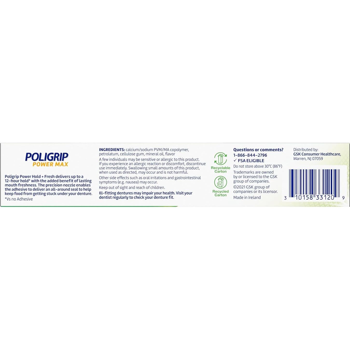 Crema Adhesiva para Dentaduras Poligrip Power Max 4x62.37g Menta