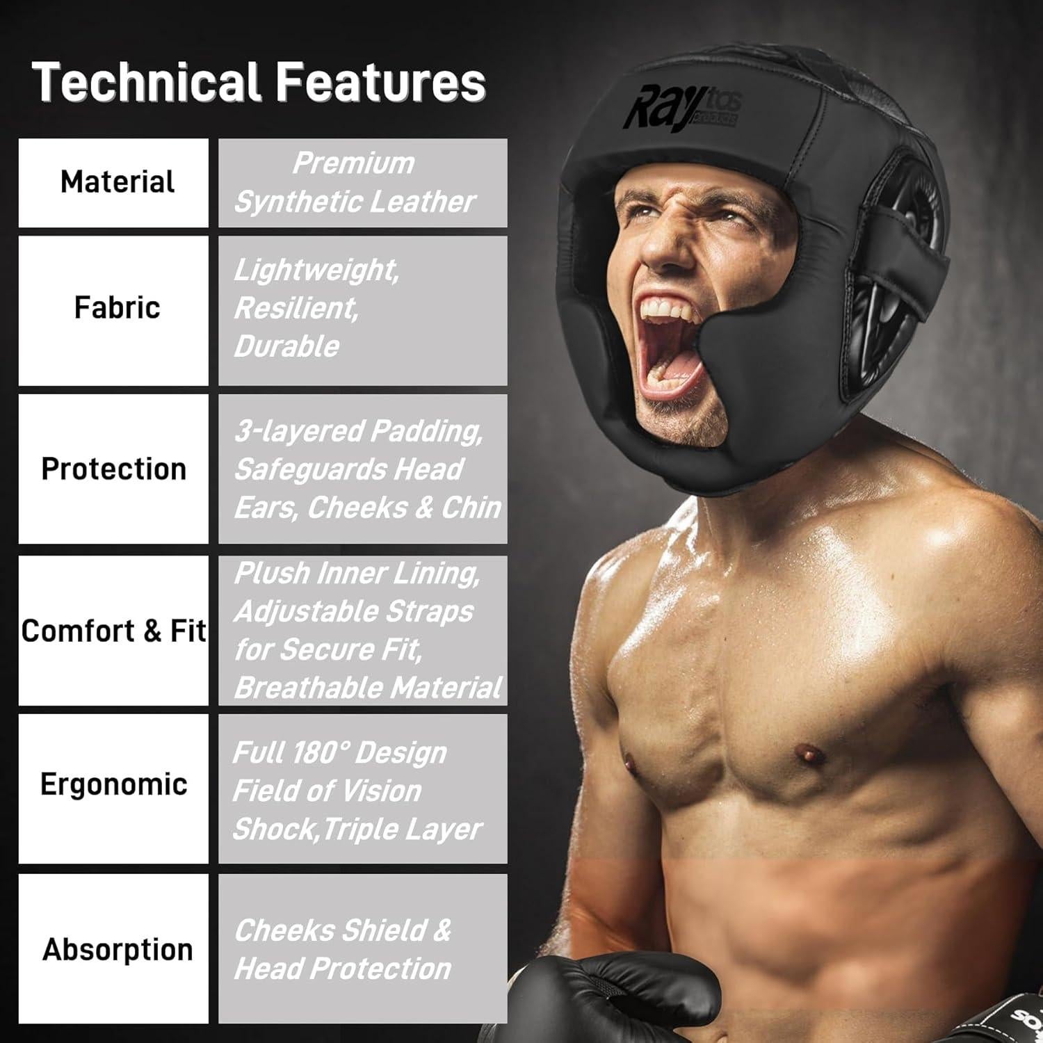 Casco de Boxeo Raytos Negro para MMA y Muay Thai - Protección Premium