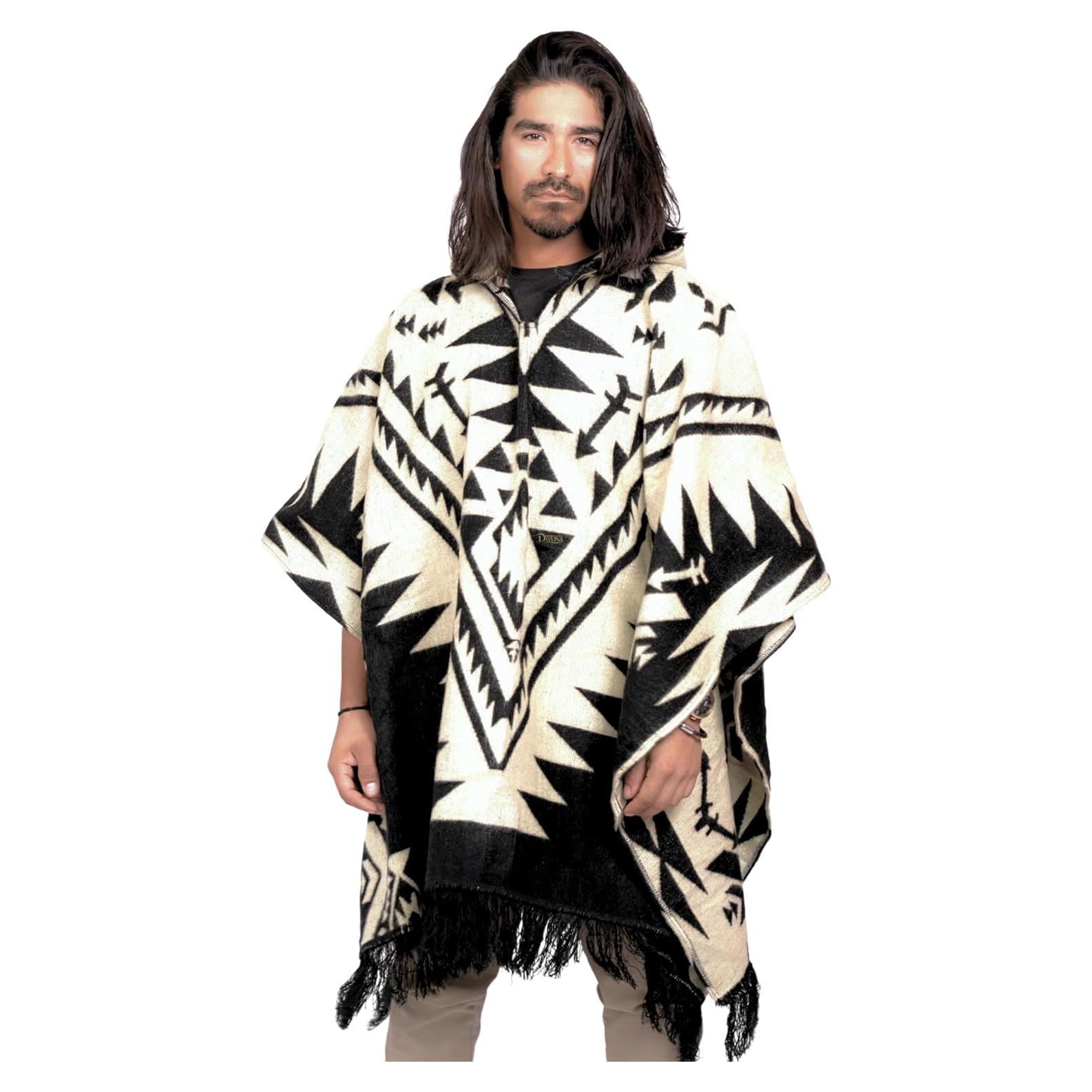 Poncho de lana de alpaca con capucha y patrón azteca - Hecho a mano