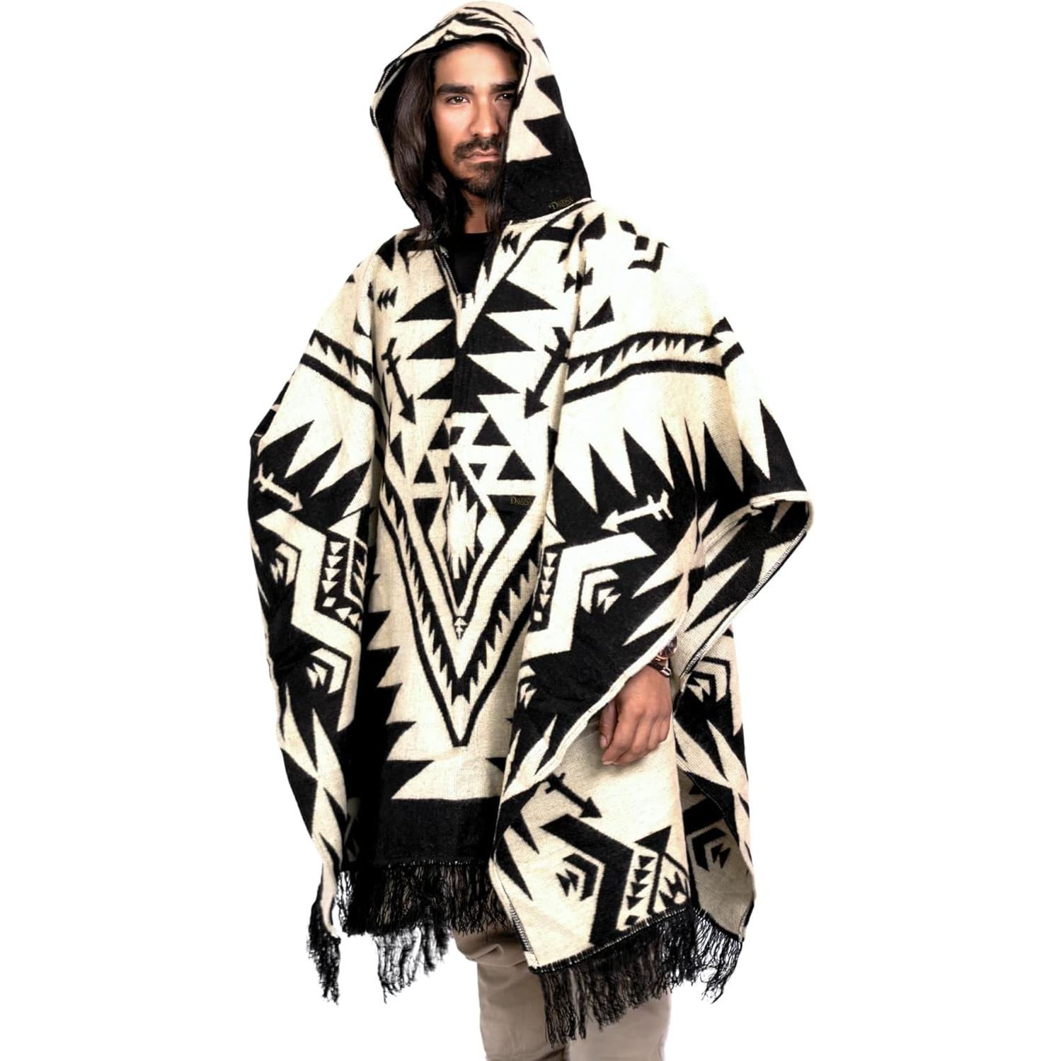 Poncho de lana de alpaca con capucha y patrón azteca - Hecho a mano