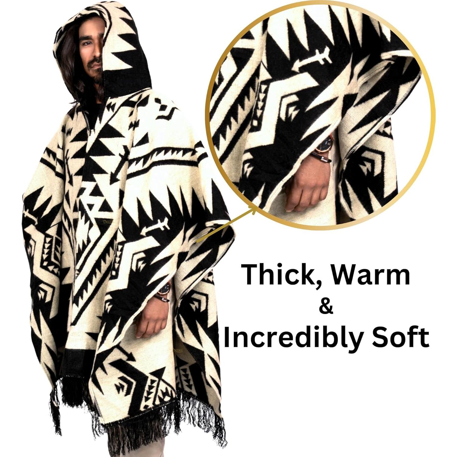 Poncho de lana de alpaca con capucha y patrón azteca - Hecho a mano