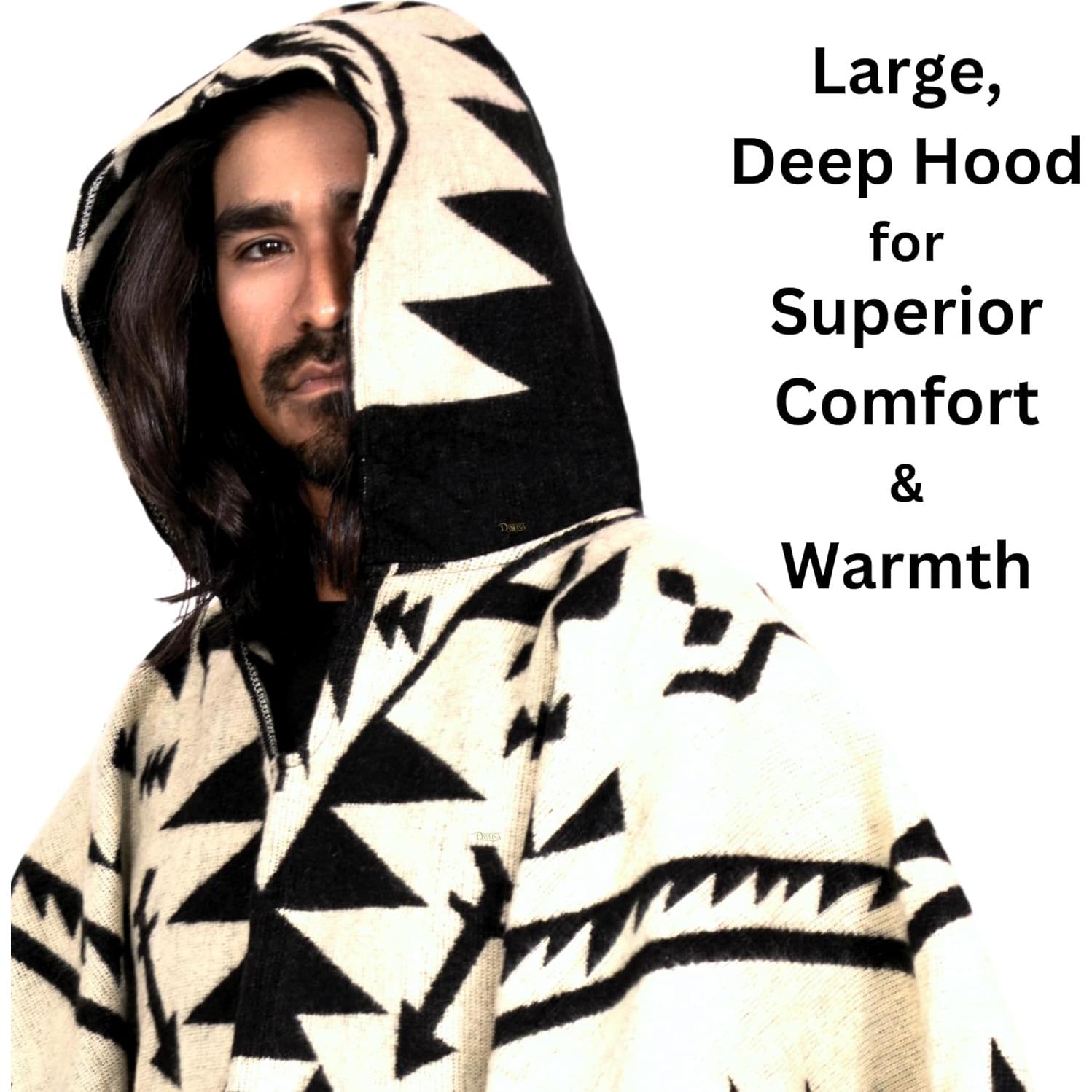 Poncho de lana de alpaca con capucha y patrón azteca - Hecho a mano