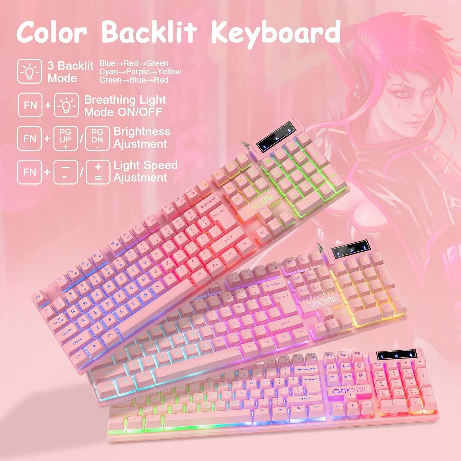 Combo Teclado y Ratón CHONCHOW Rosa Retroiluminado RGB