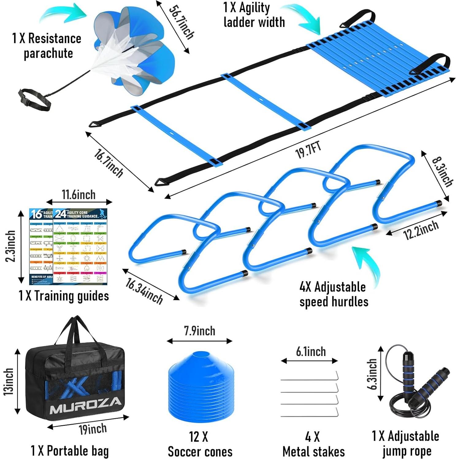 Kit de Entrenamiento de Agilidad MUROZA - Escalera 6m, 12 Conos, Vallas