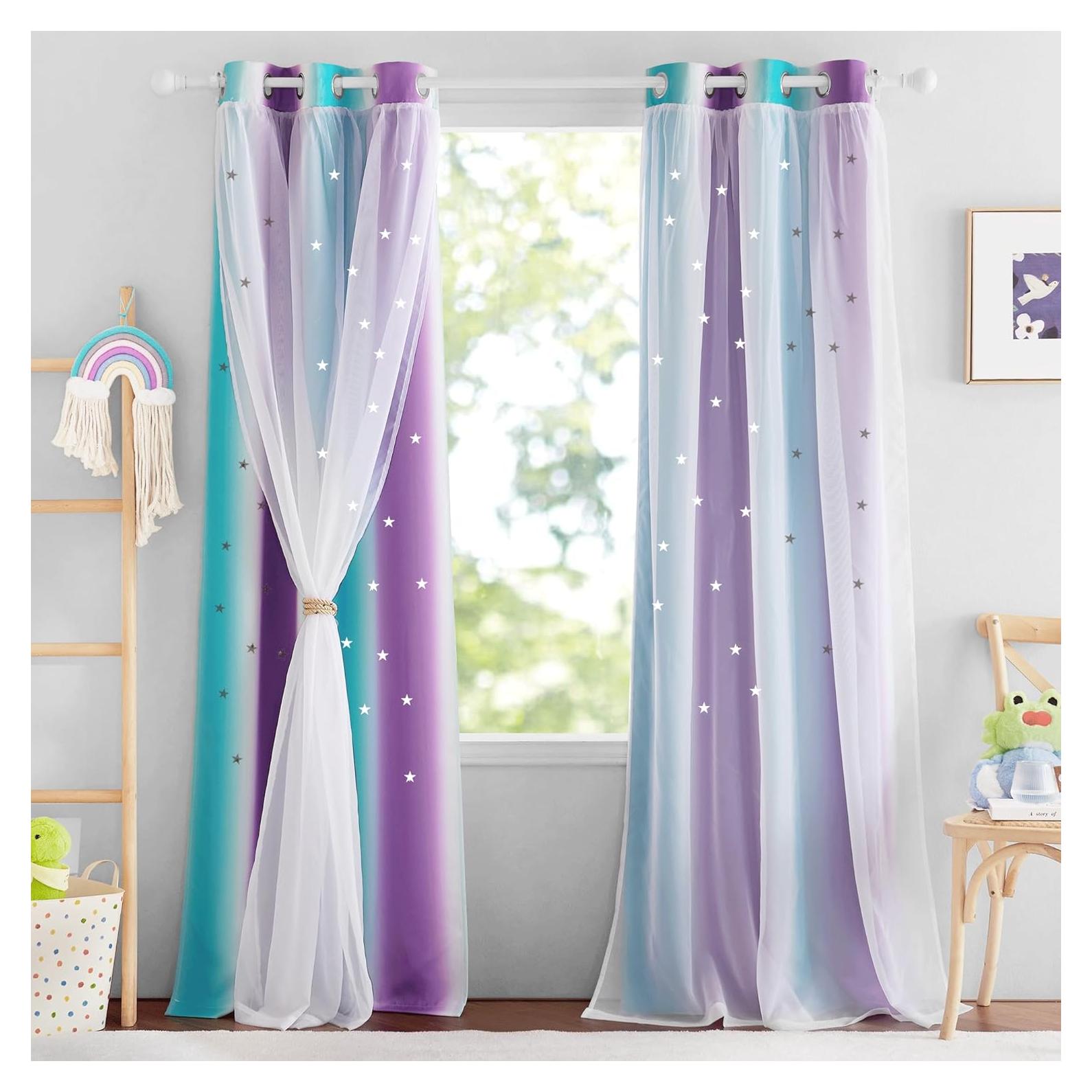 Cortinas Opacas NICETOWN 2 Paneles 86.36x213.36 cm Verde/Púrpura