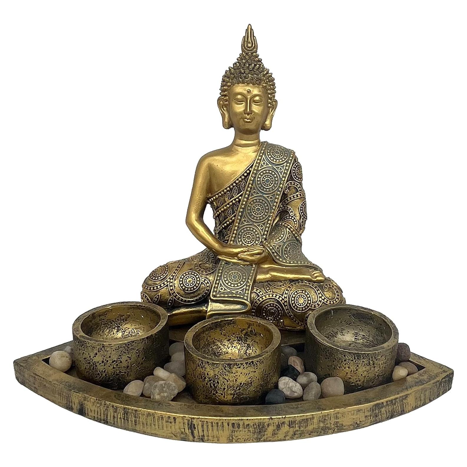 Estatua de Buda Meditador con 3 Portavelas ARTOS - Oro Antiguo