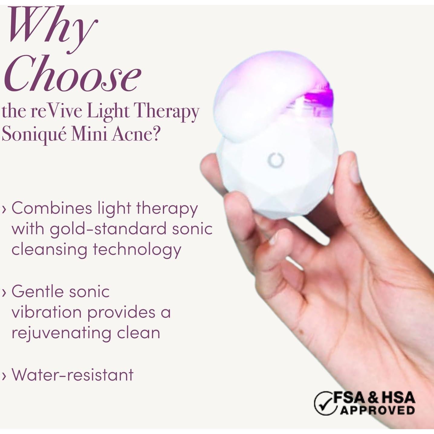 reVive Light Therapy Soniqué Mini Acne Cleanser, Battery-Operated Sonic Face Cleanser Brush with Blue & Red Light Therapy, Medical-Grade Acne Device for Face & Body, Water-Resistant