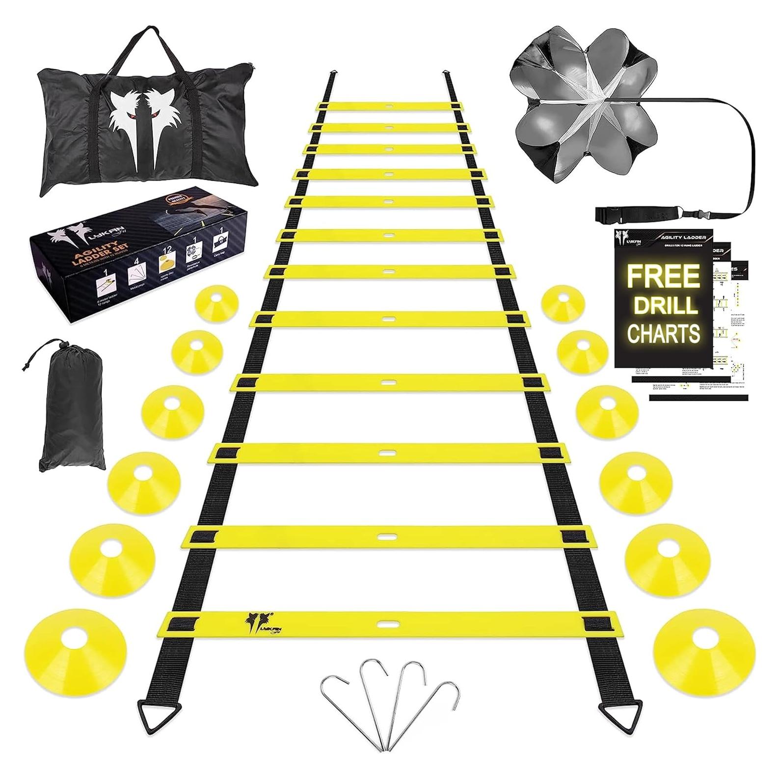 20ft Sports Agility Ladder for Men Women and Kids, Speed Youth Soccer Agility Training Equipment for Football, Exercise, Tennis, Legs Workout with Speed Parachute, Cones and Carry Bag