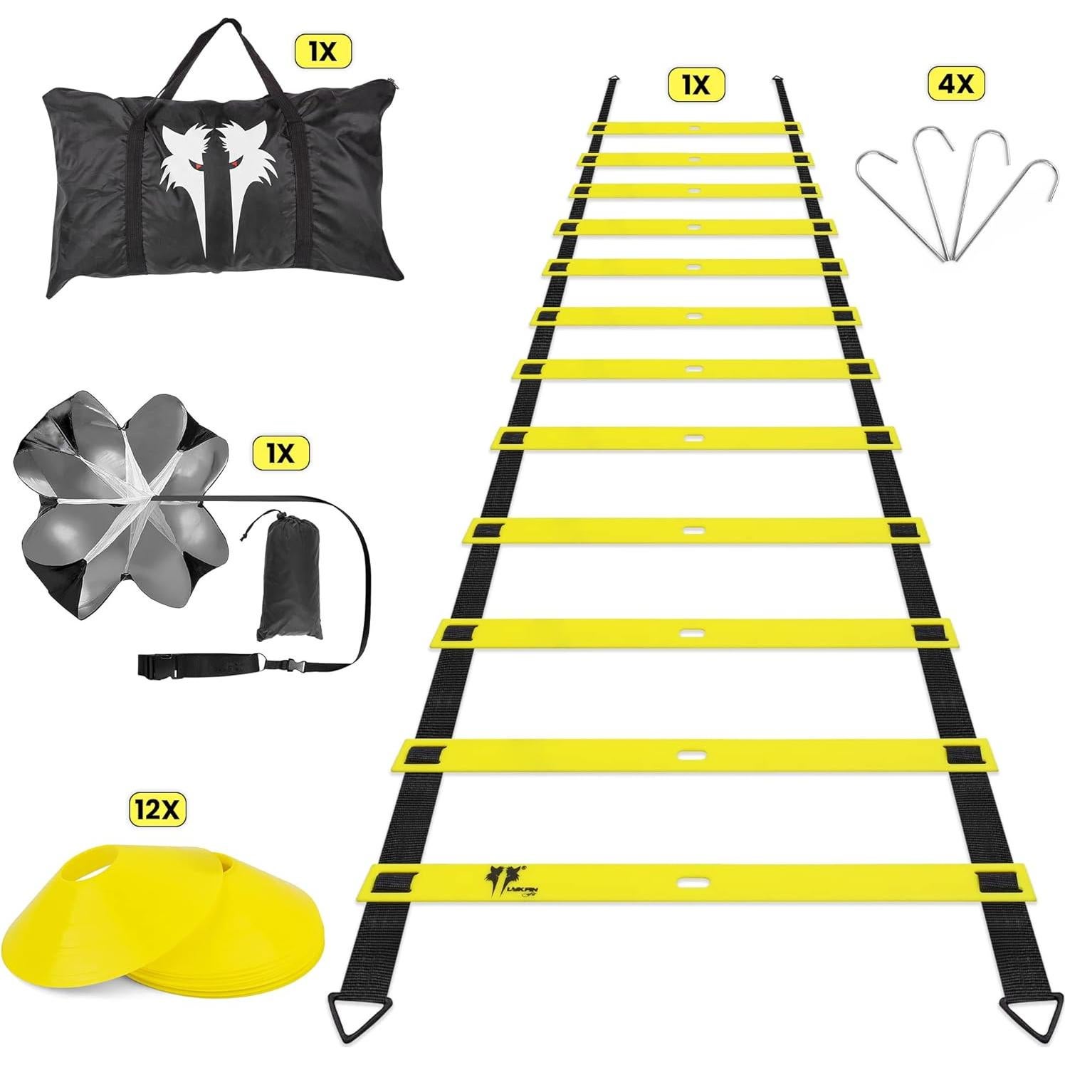 20ft Sports Agility Ladder for Men Women and Kids, Speed Youth Soccer Agility Training Equipment for Football, Exercise, Tennis, Legs Workout with Speed Parachute, Cones and Carry Bag