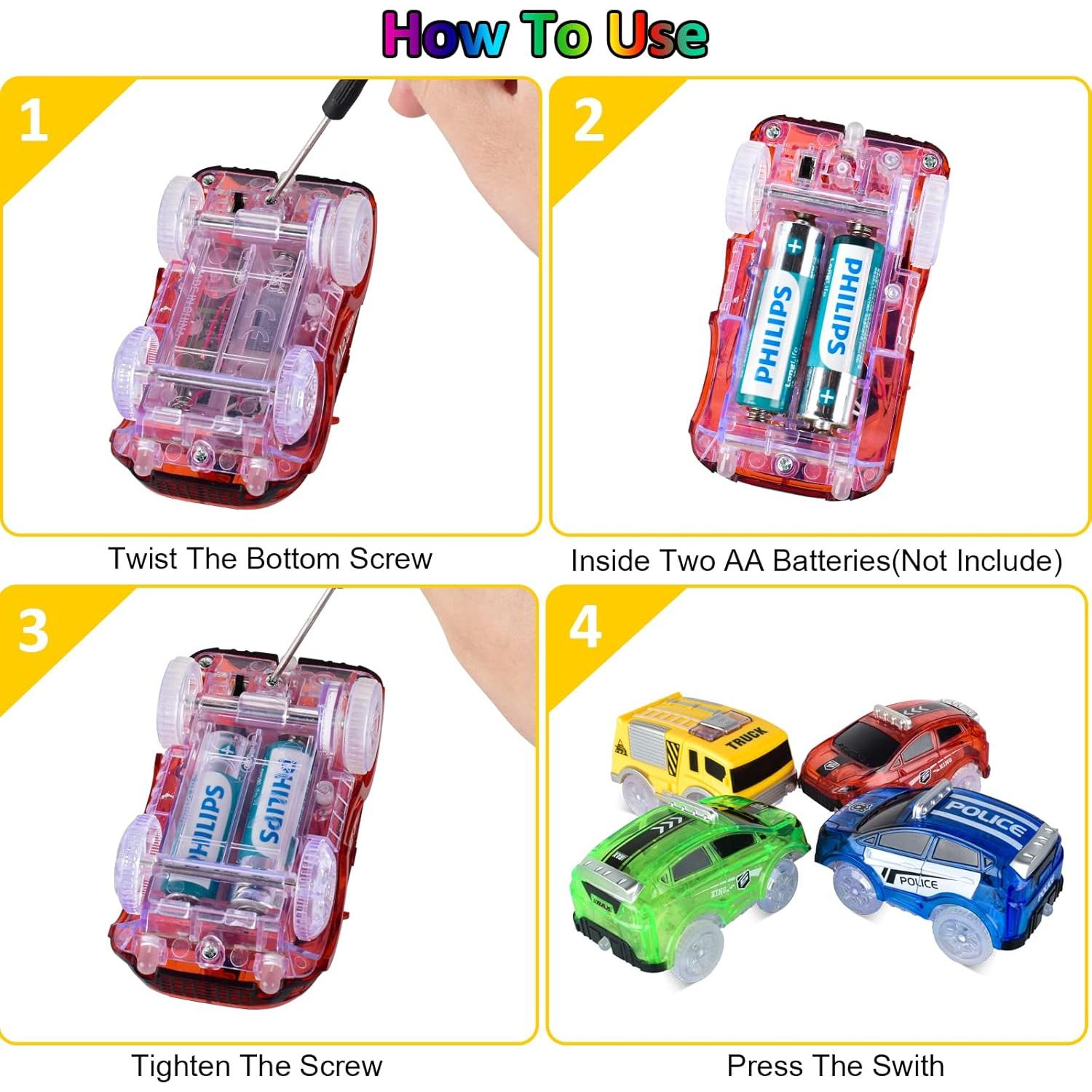 Coches de Pista Mágica INLAIER con 5 Luces LED - 4 Pack