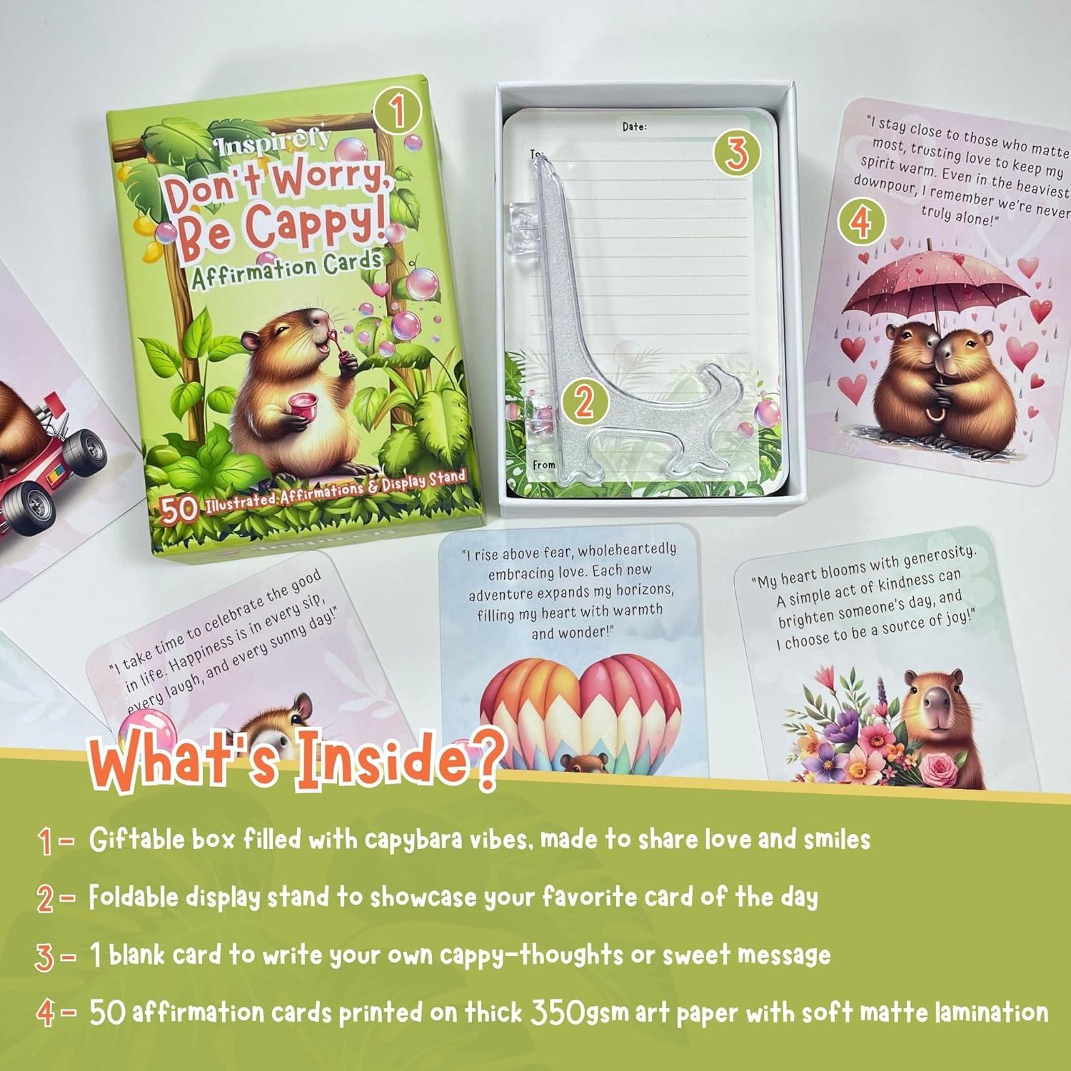 Baraja de Afirmaciones Positivas Inspirefy - 50 Tarjetas con Capibaras