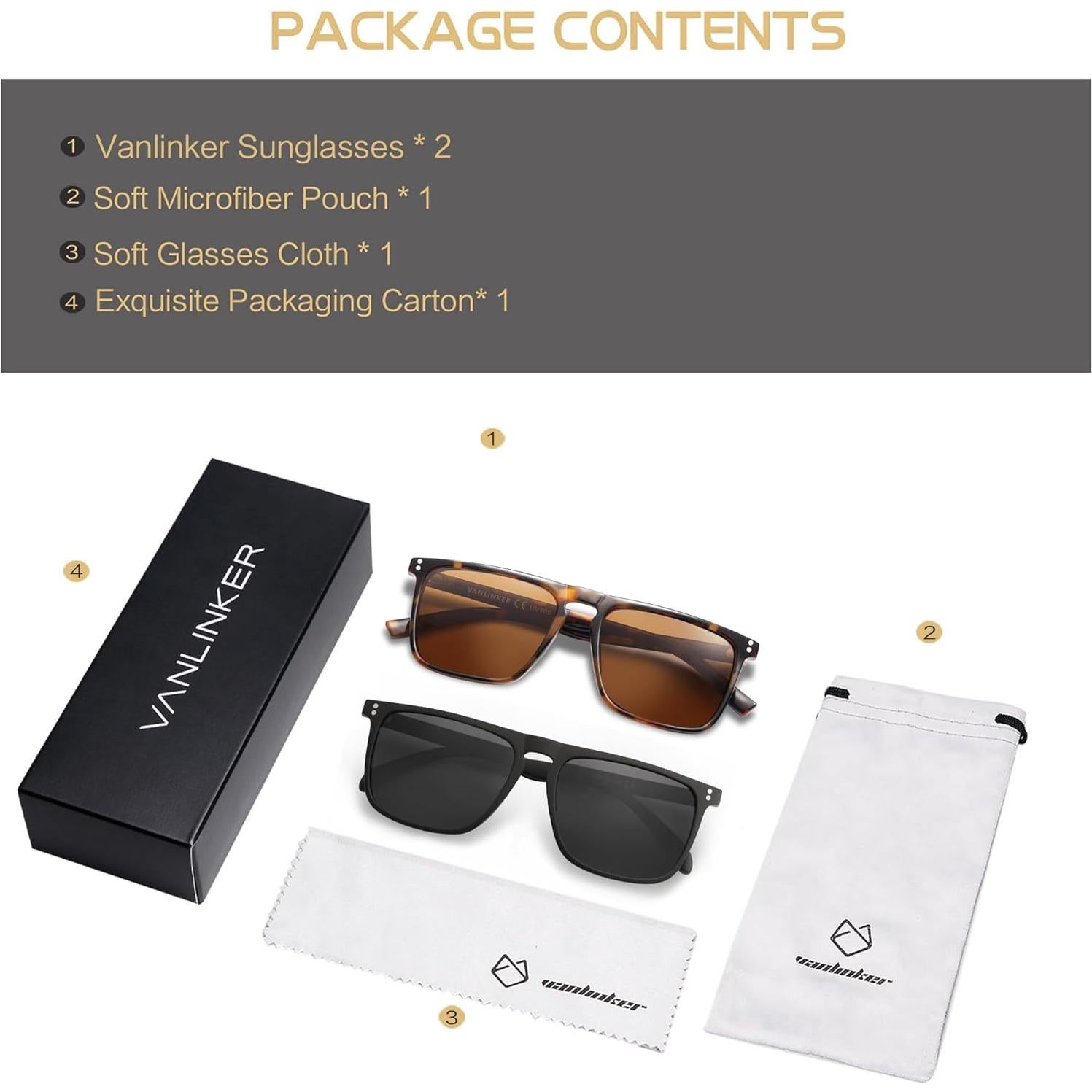 Gafas de sol cuadradas polarizadas Vanlinker UV400 para hombres y mujeres