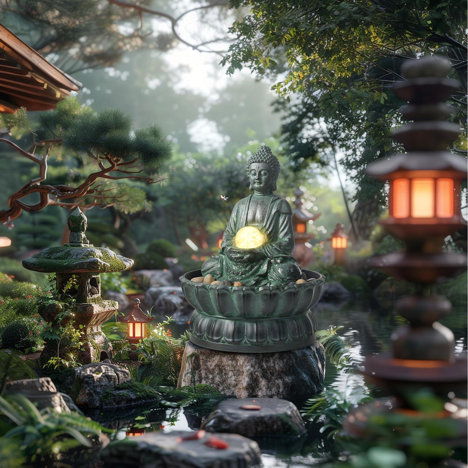 Fuente de Mesa Interior Haobos Buda Zen 23.9 cm Resina Verde